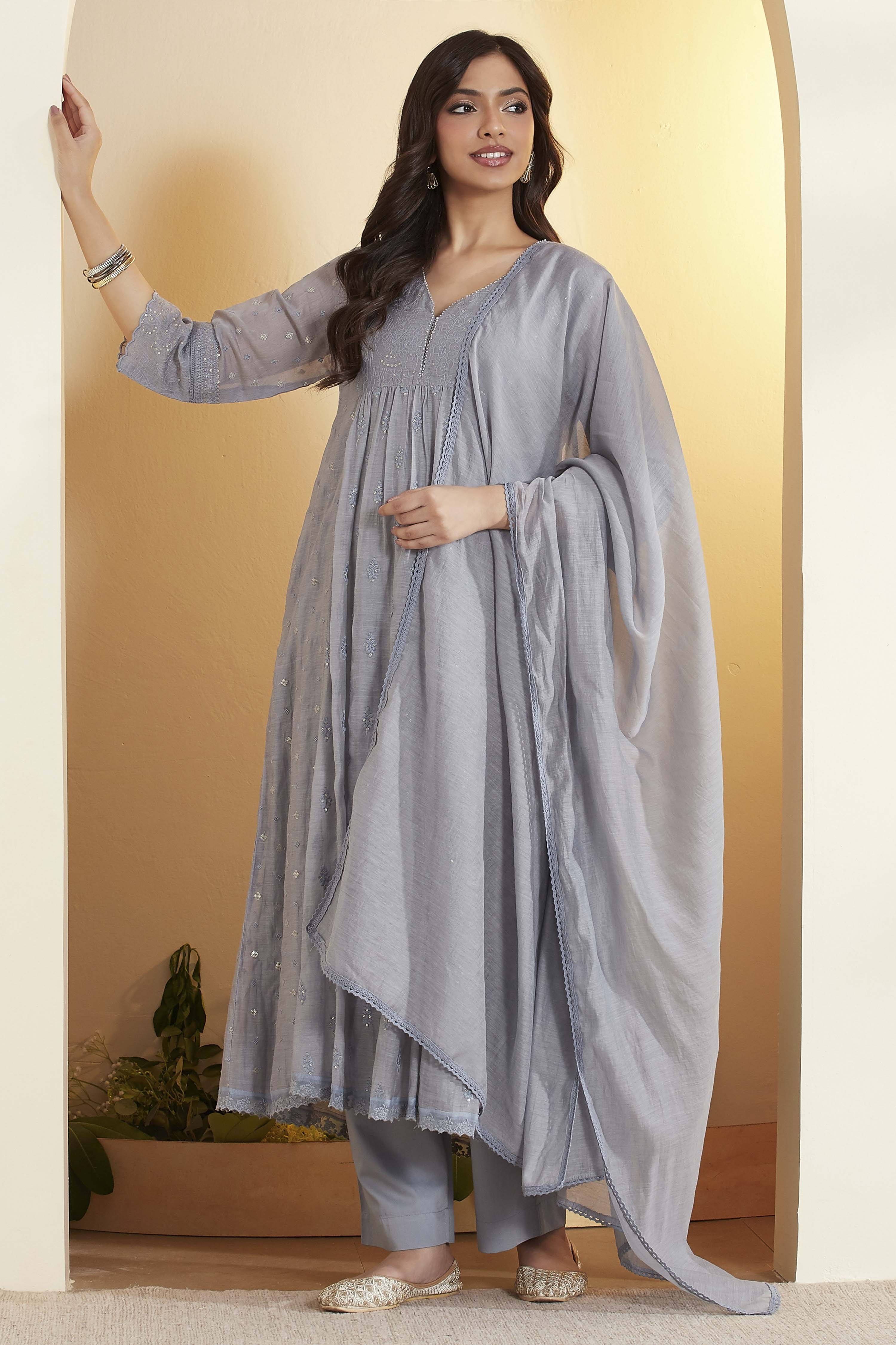 Powder Blue Cotton Silk Kalidar Suit Set image number 0