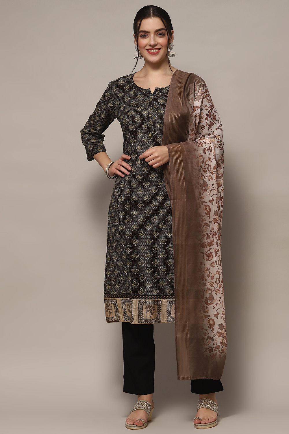 Mustard Tussar Unstitched Suit set image number 1