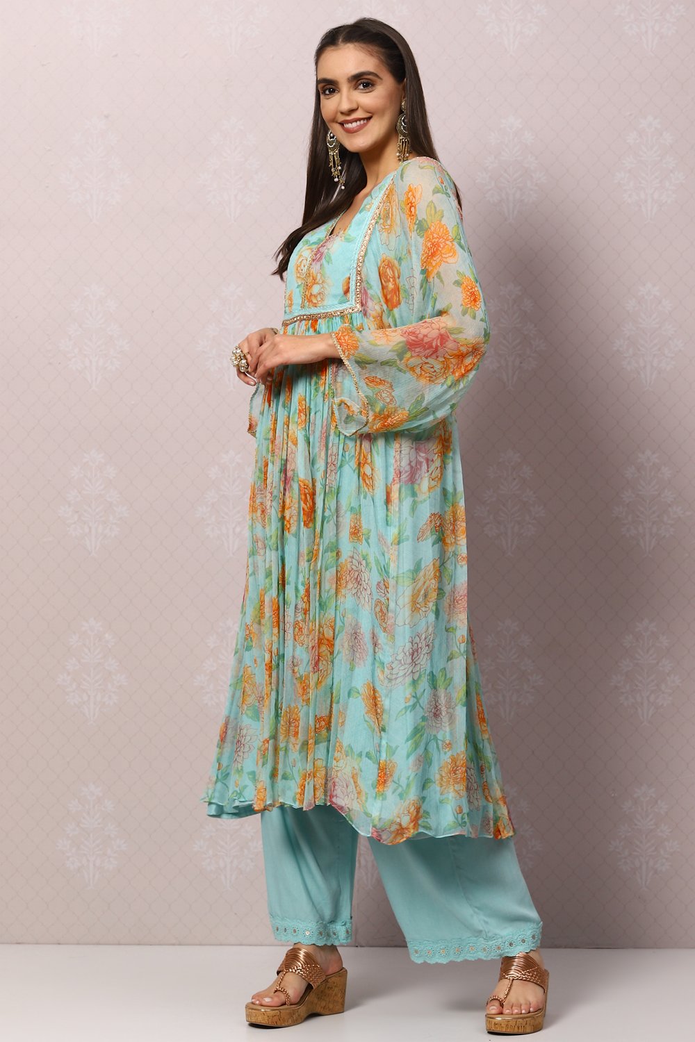 Peach Viscose Flared Kurta Palazzo Suit Set image number 5