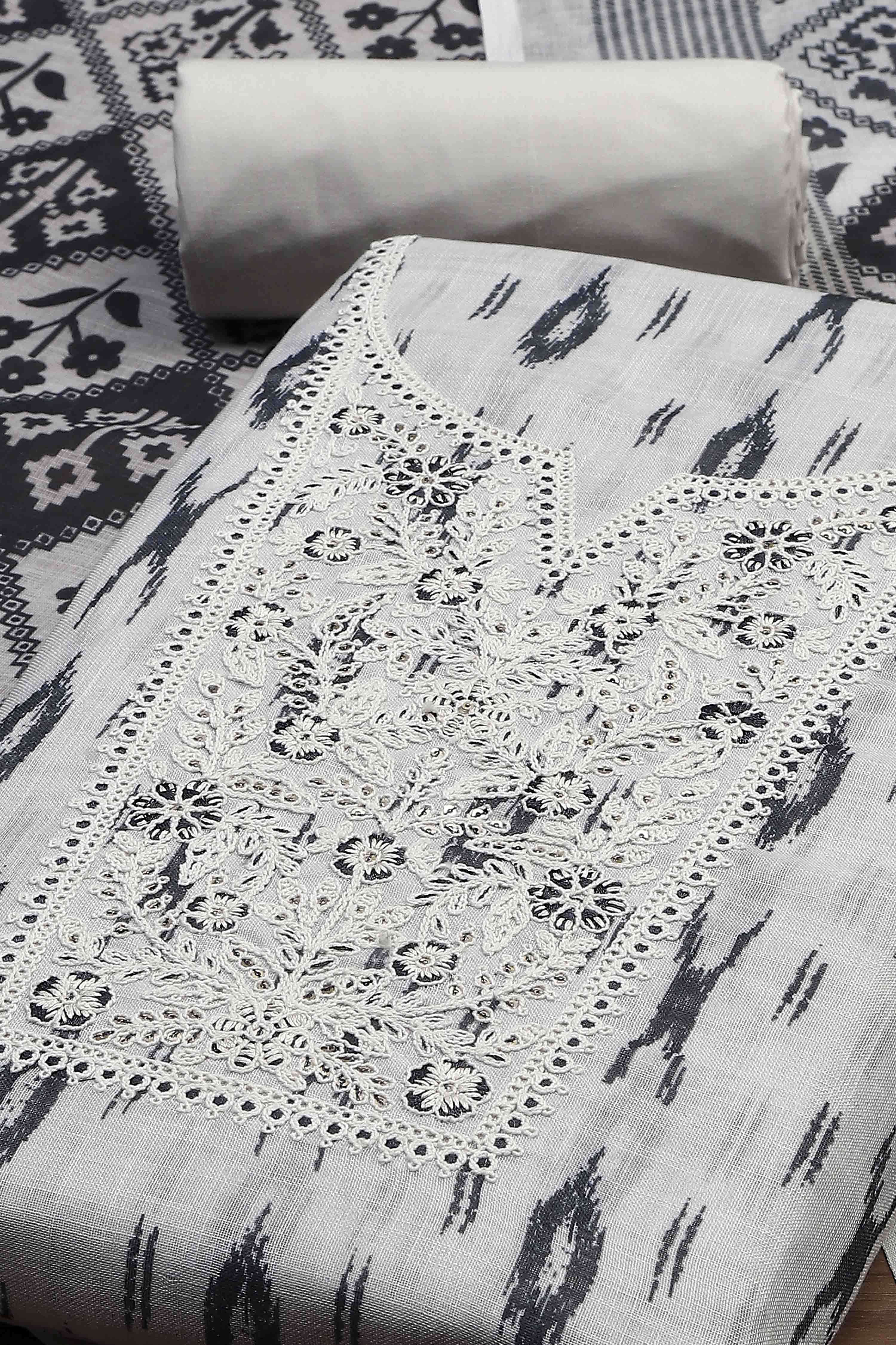 Black Linen Royal-Ikkat  Buti Print Unstitched Suit Set image number 1