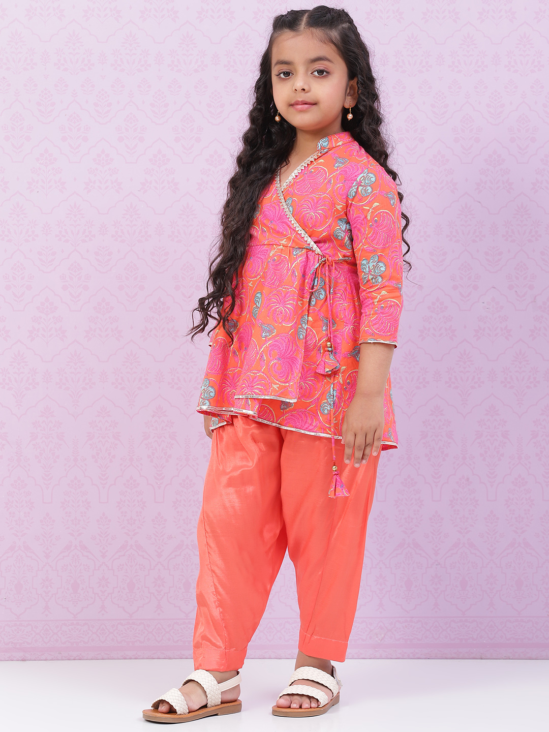 Orange Cotton Flared Printed Kurta Set image number 3