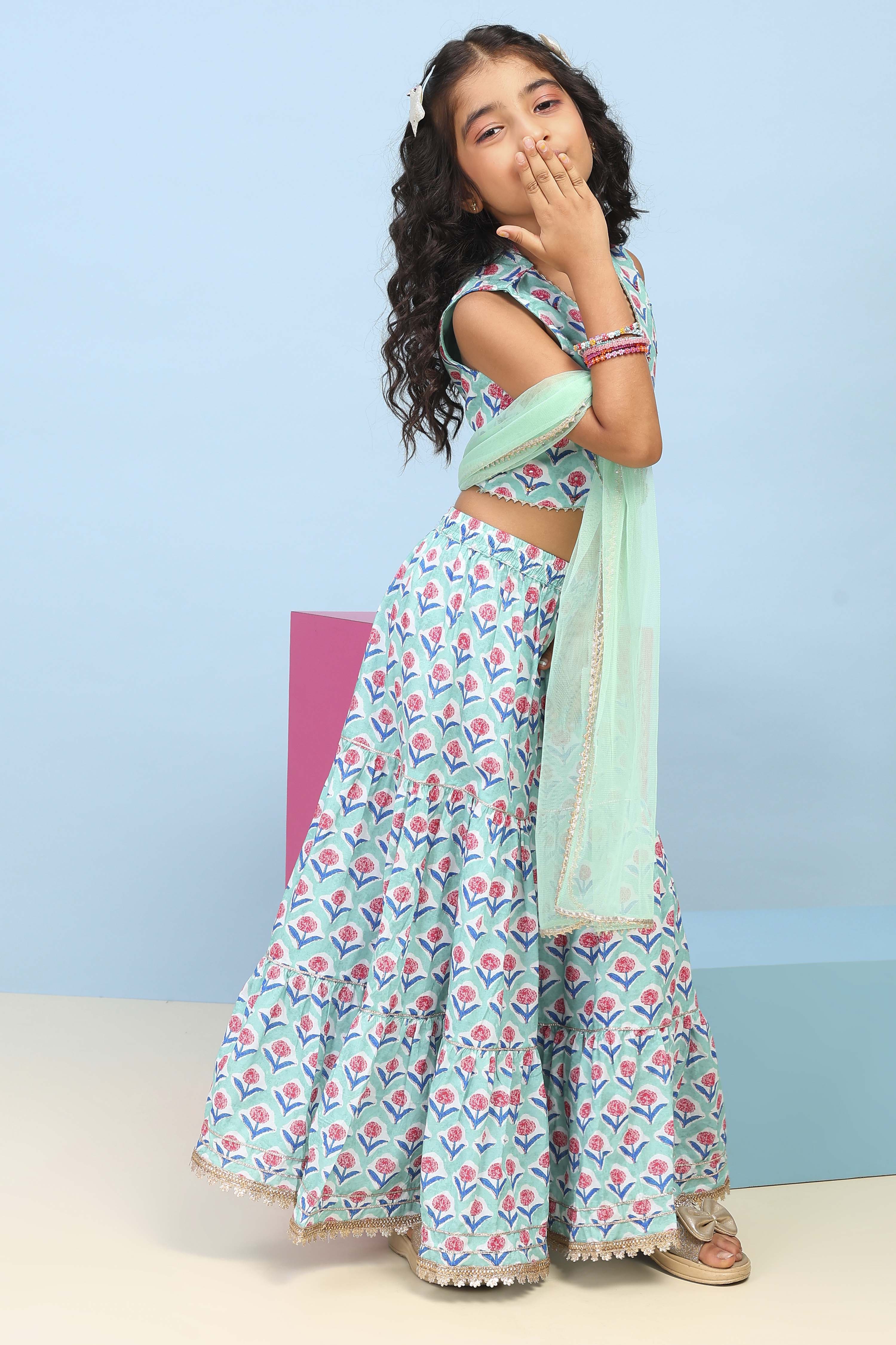 Lilac Cotton Printed Straight Lehenga Set image number 5
