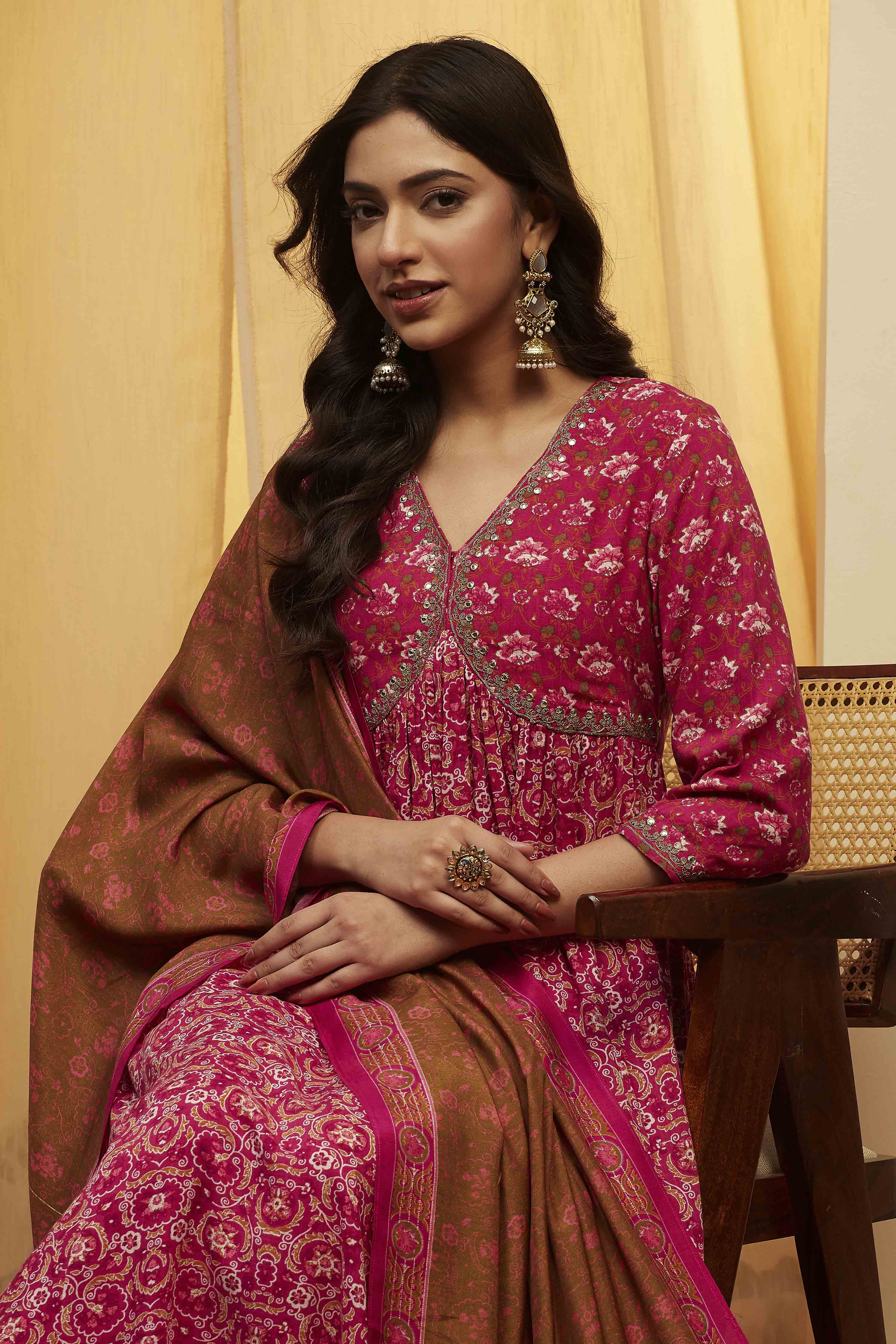 Blue Viscose Rayon Gathered Suit Set image number 1