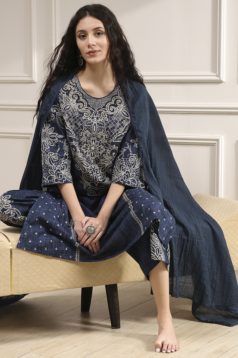 Blue Pure Cotton Printed Straight Suit Set image number 0