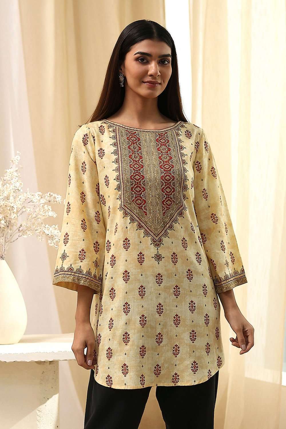 Beige Viscose Printed Straight  Short Kurta image number 5