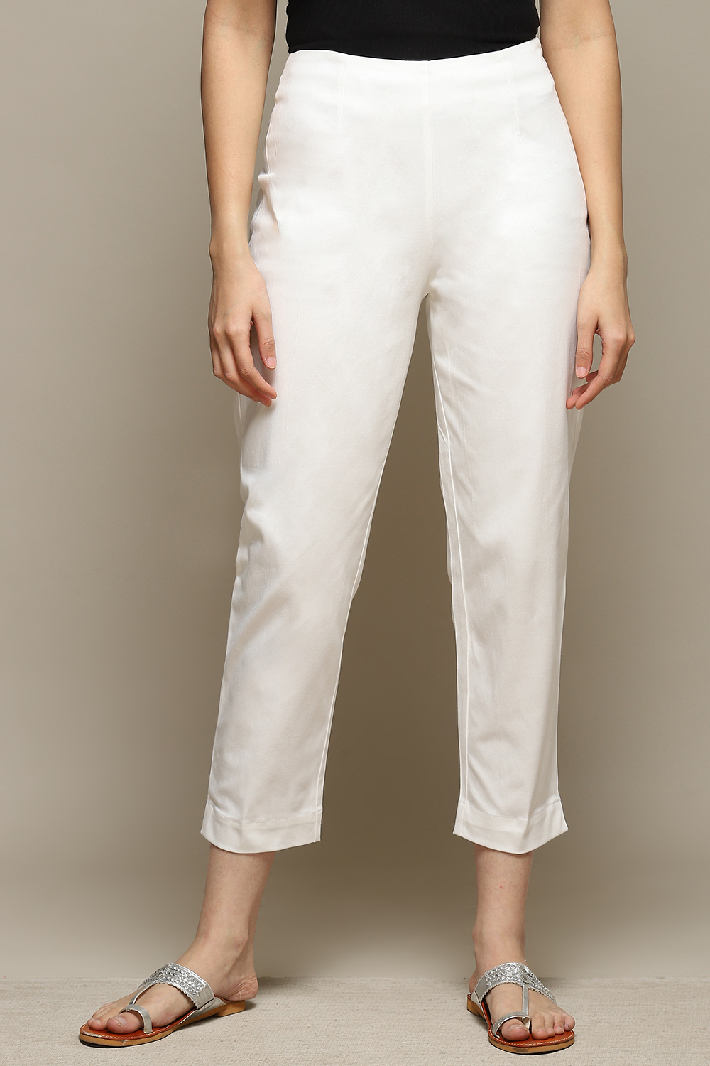 Off White Cotton Blend Narrow Pants image number 5