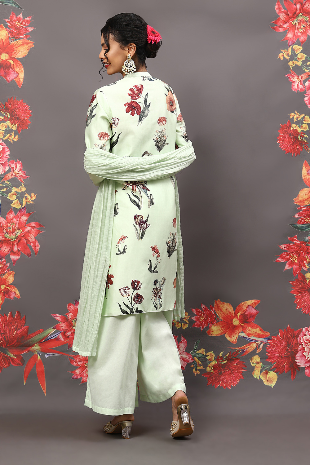 Rohit Bal Mint Green Cotton Blend Straight Kurta Suit Set image number 4
