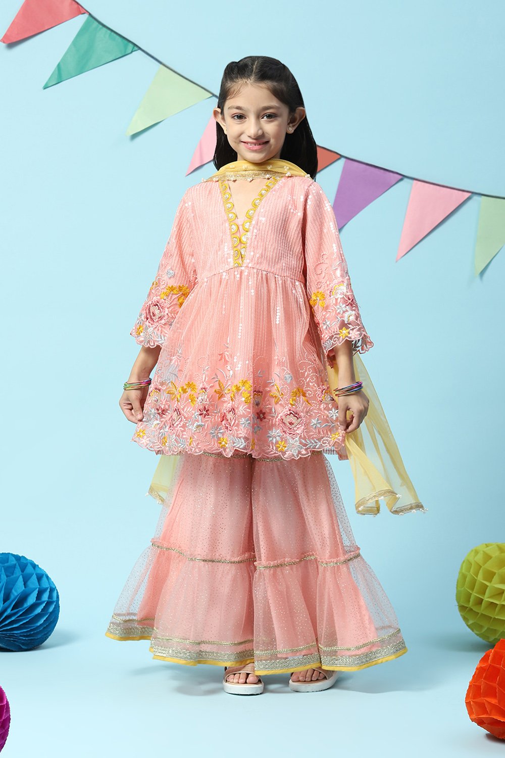 Peach Nylon Gathered Embroidered Kurta Garara Suit Set image number 0