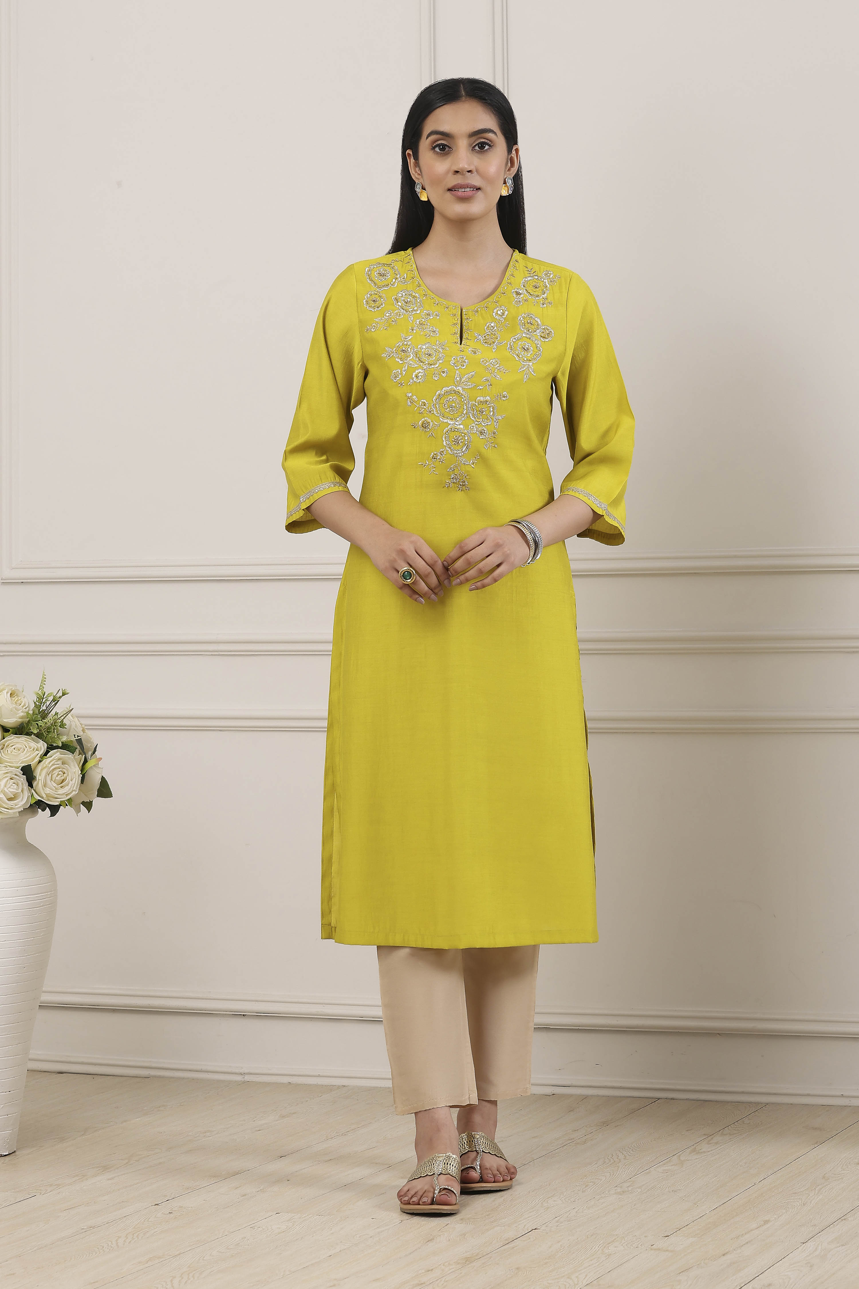 Lime Viscose Blend Straight Kurta image number 5