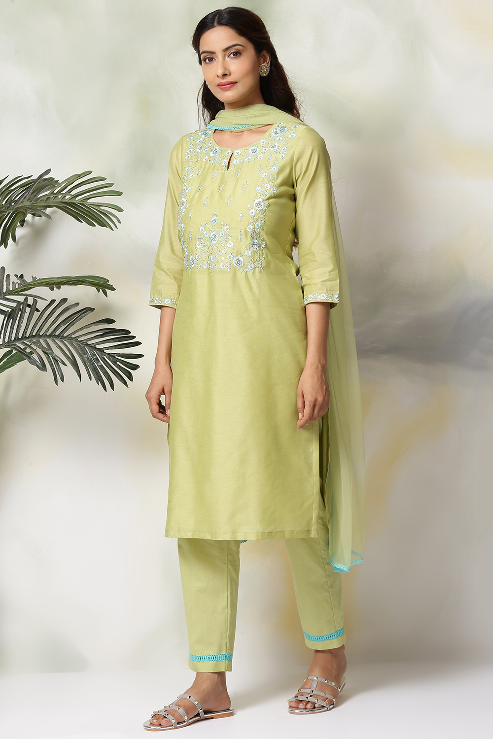 Peach Art Silk A-Line Kurta Regular Pant Suit Set image number 4