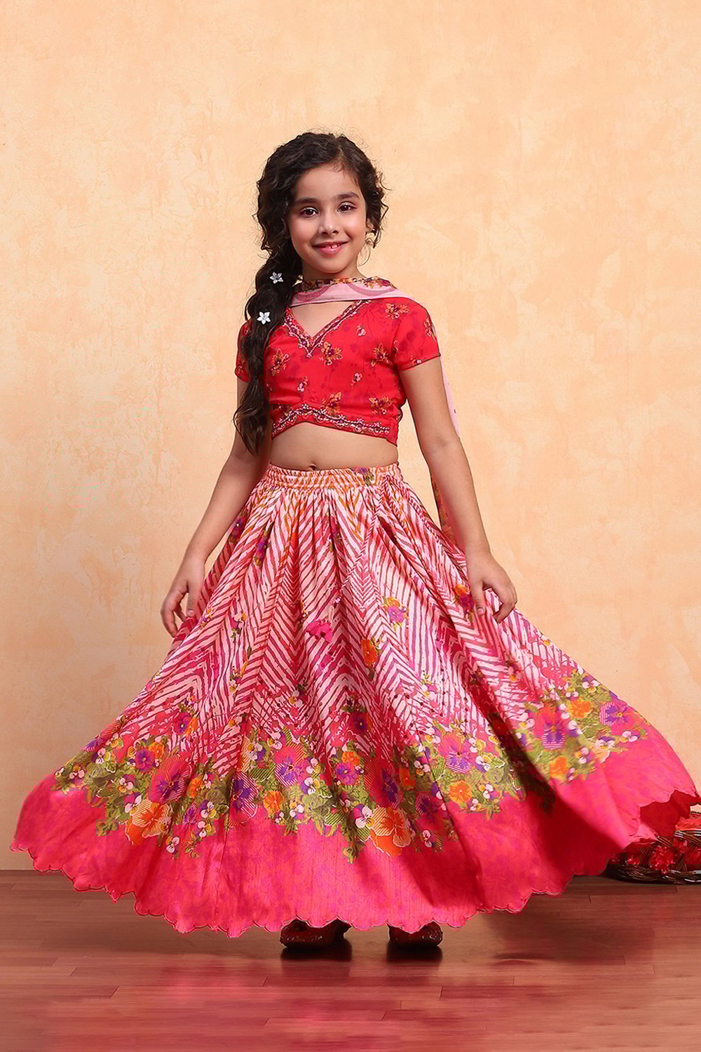 Coral Polyester Blend Short Straight Lehenga Set image number 0