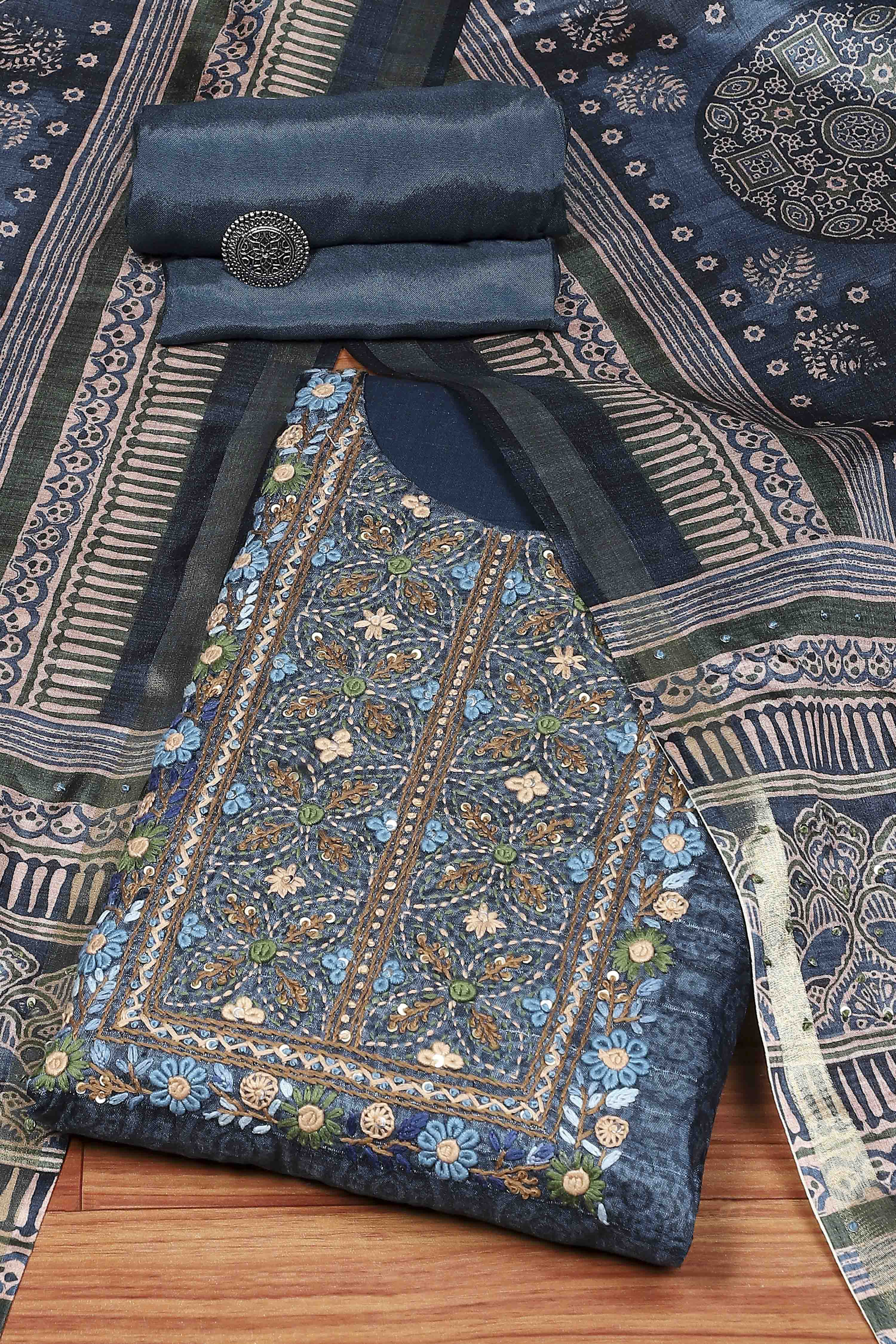 Mustard Silk Tussar Hand Embroidered Unstitched Suit Set image number 0