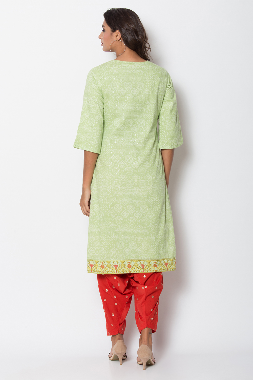 Green Metallic Cotton Straight Printed Kurta image number 4