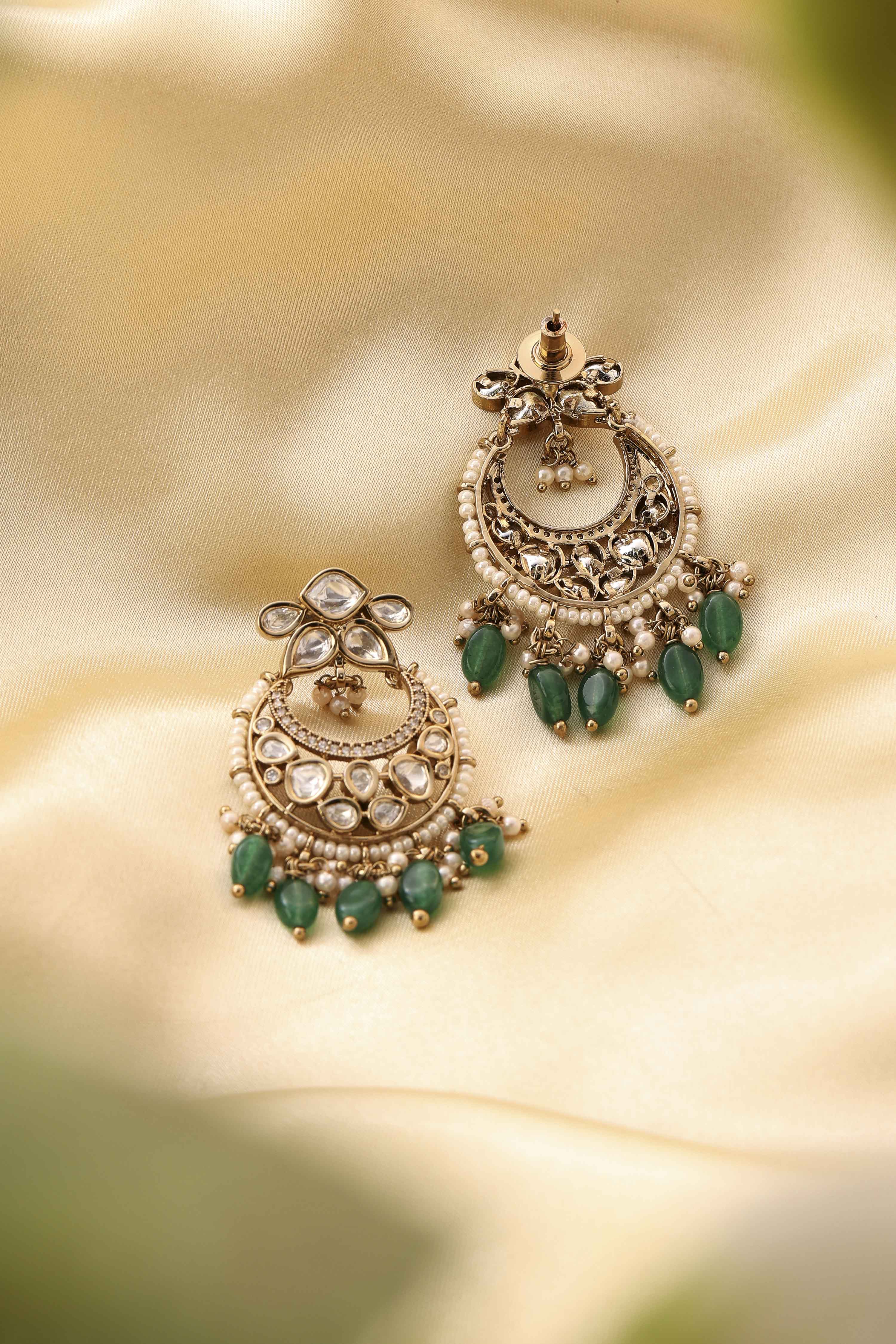 Green Gold-Plated Brass Studded Chaandbali image number 2