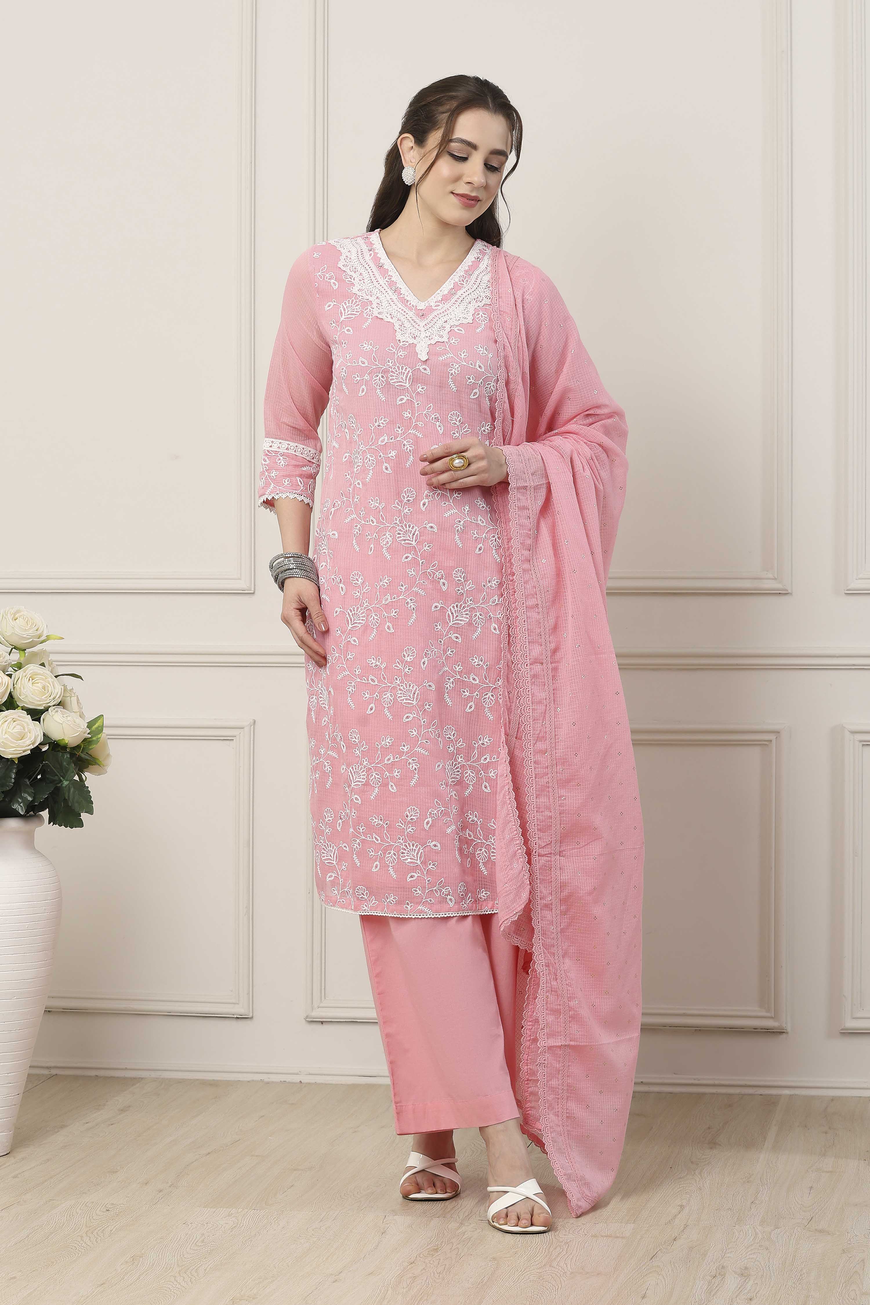 Blue Cotton Straight Suit Set image number 6