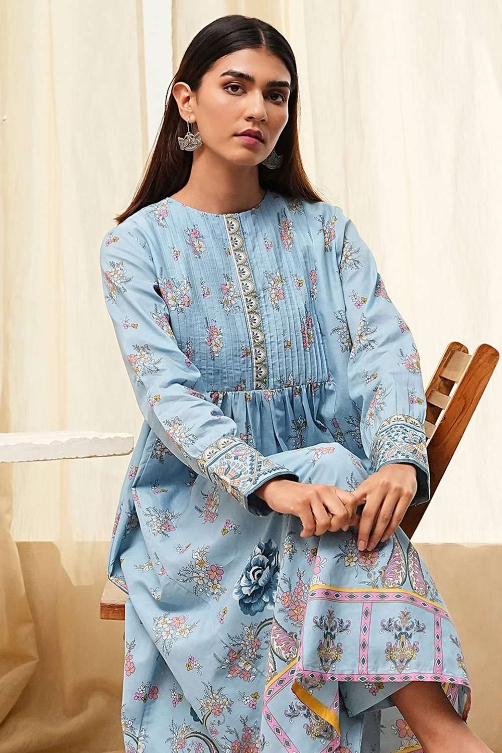 Dull Blue Cotton Flared Printed Kurta Set image number 7