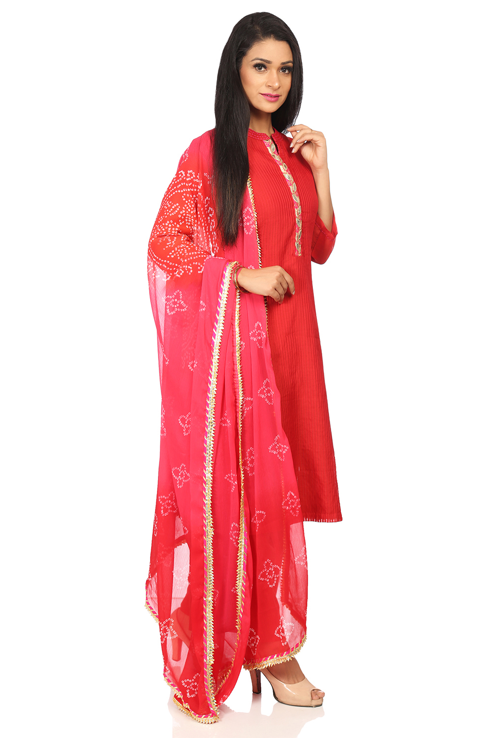 Red Poly Cotton Straight Kurta Palazzo Suit Set image number 3