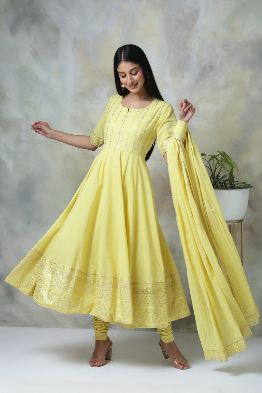 Yellow Cotton Anarkali Suit image number 3