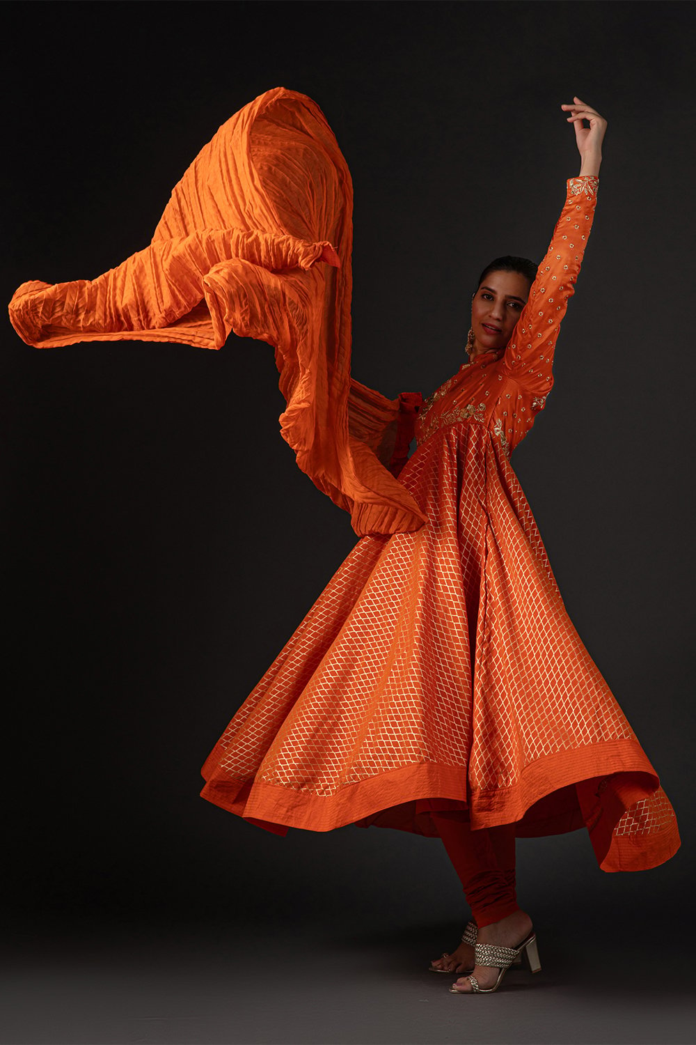 Rohit Bal Orange Cotton Silk Anarkali Printed Suit Set image number 9