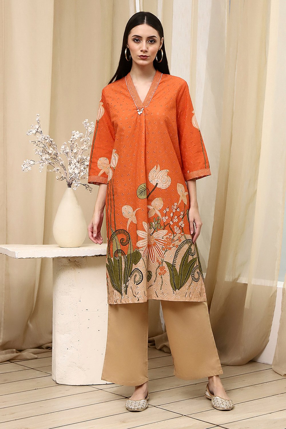 Orange Cotton Blend Straight Kurta image number 6