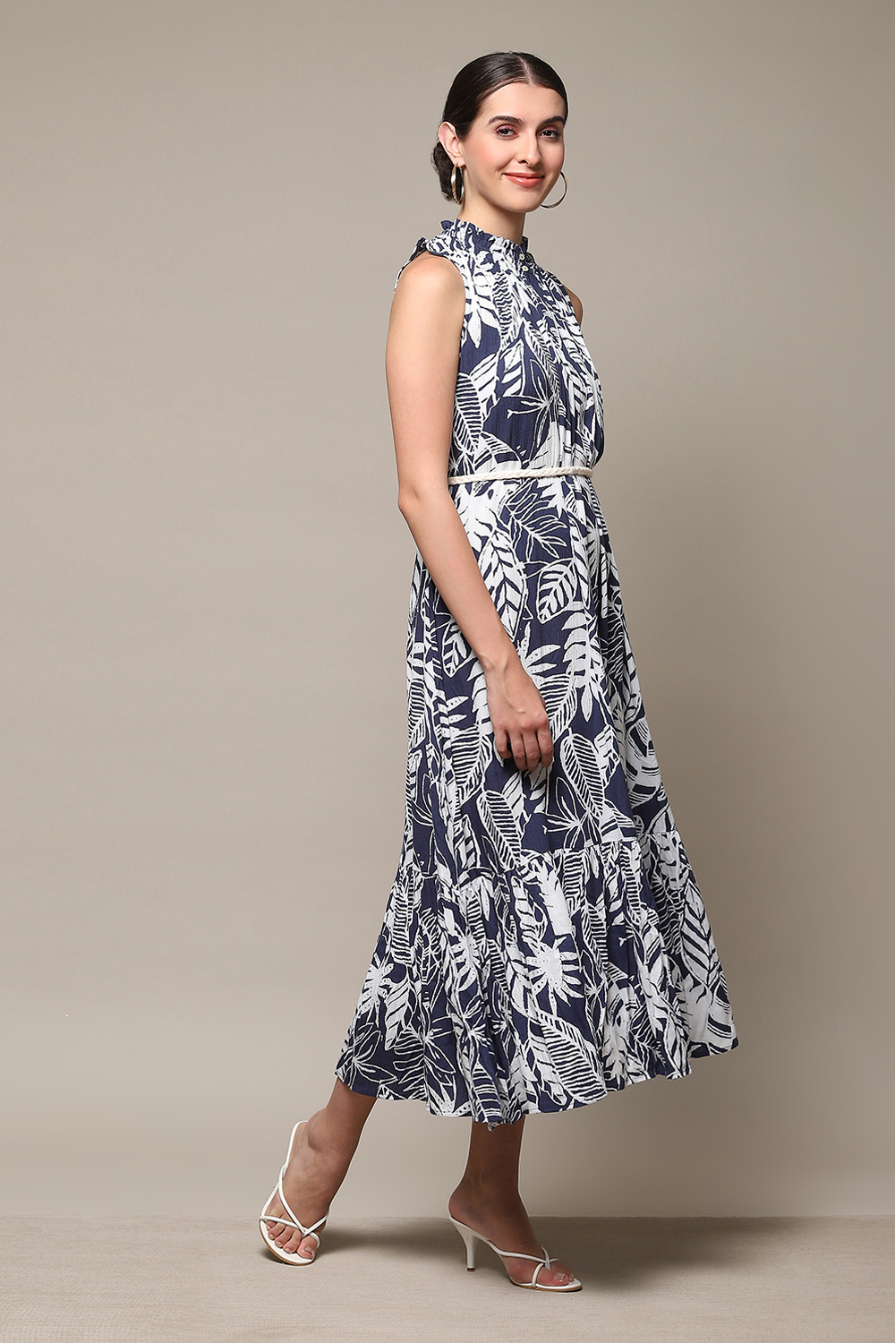Navy Rayon Tiered Dress with Belt image number 3