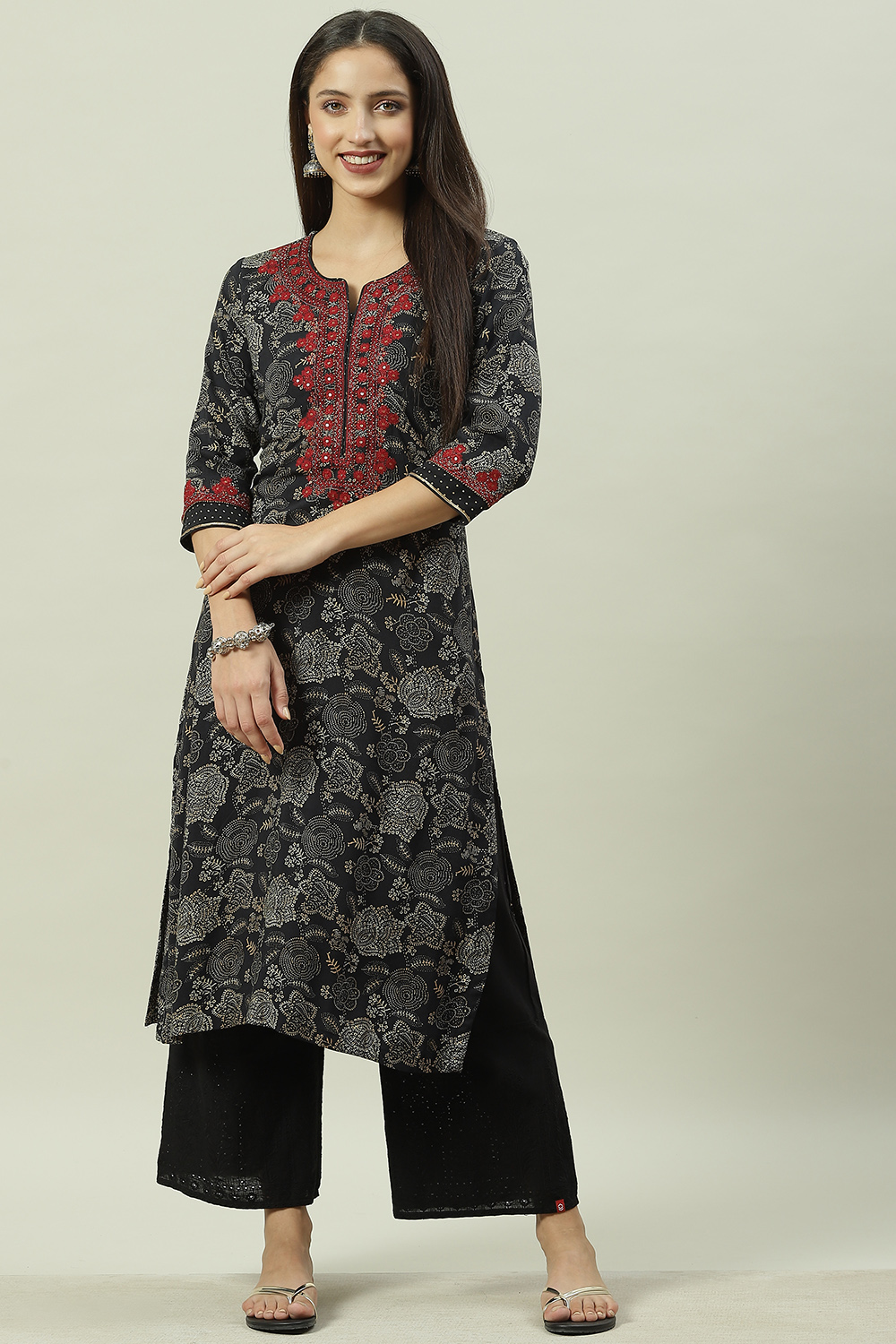 Buy Black Rayon Straight Printed Kurta () for INR1499.50 | Biba India