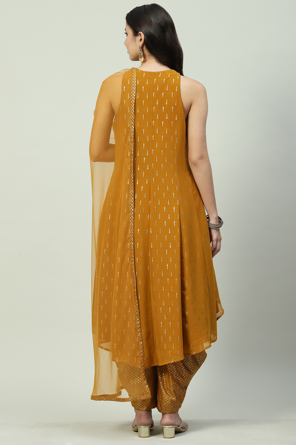 Mustard Art Silk Asymmetric Kurta Dhoti Salwar Suit Set image number 4