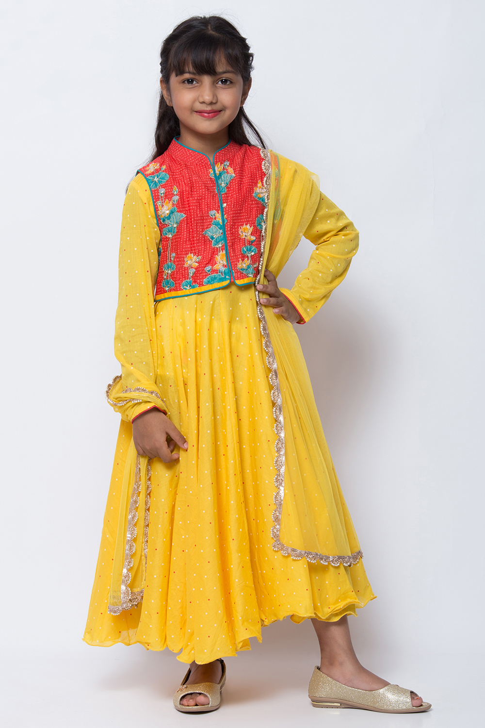 Yellow Cotton Anarkali Kurta Churidar Suit Set image number 2