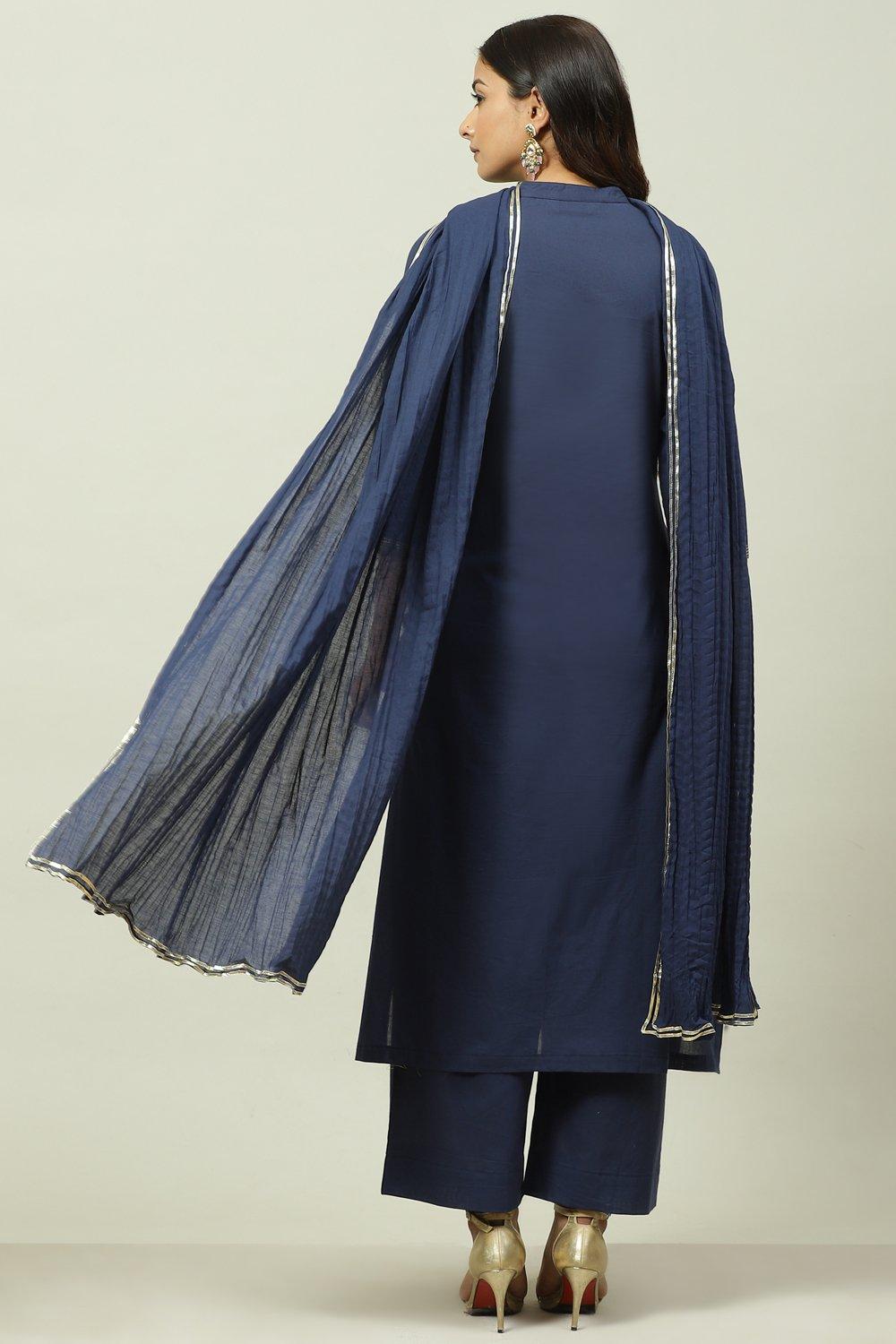 Navy Cotton Straight Kurta Palazzo Suit Set image number 4