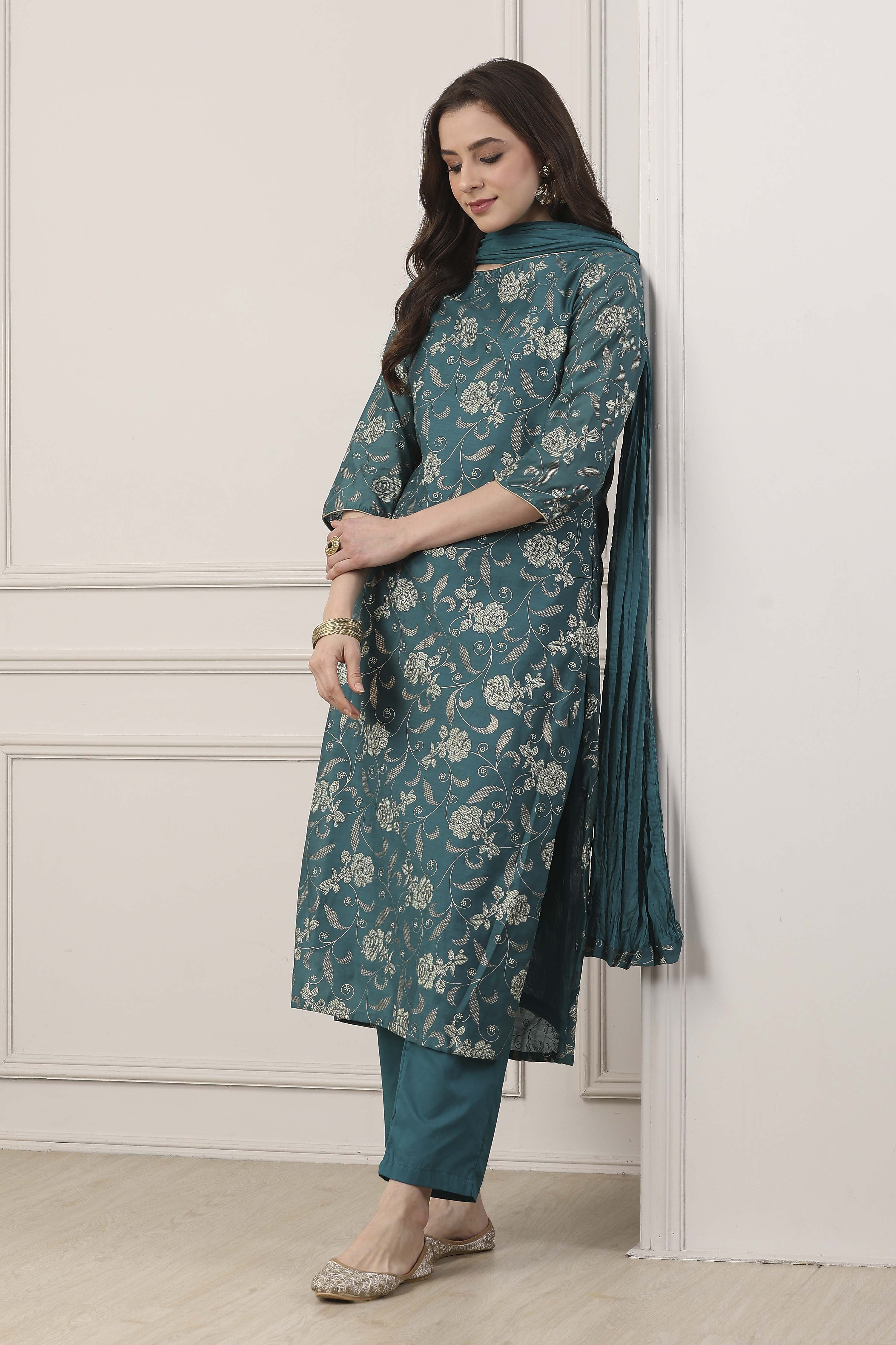 Peacock Green Printed Straight Kurta Regular Pants Suit Set image number 0