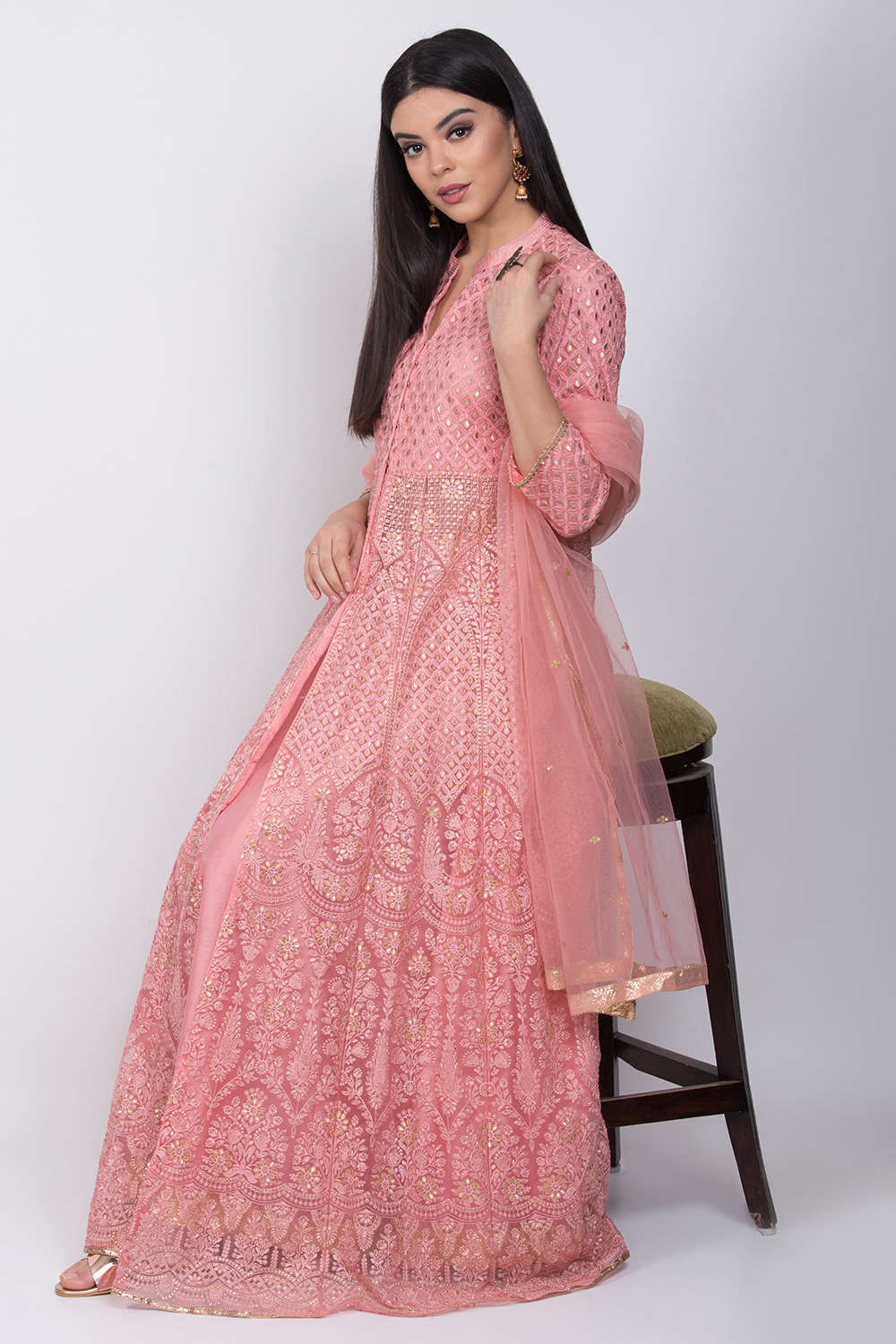 Dusky Pink Front Open Anarkali Kurta Lehenga Suit Set image number 3