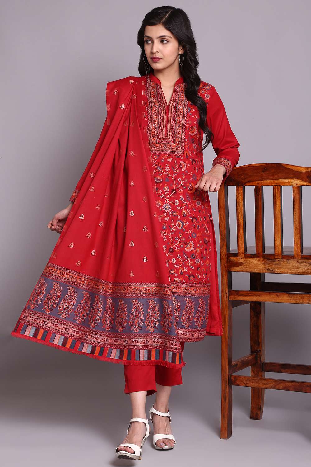 Red Woolen A Line Kurta Slim Pant Suit Set Kurta Pants Stole at Biba Global