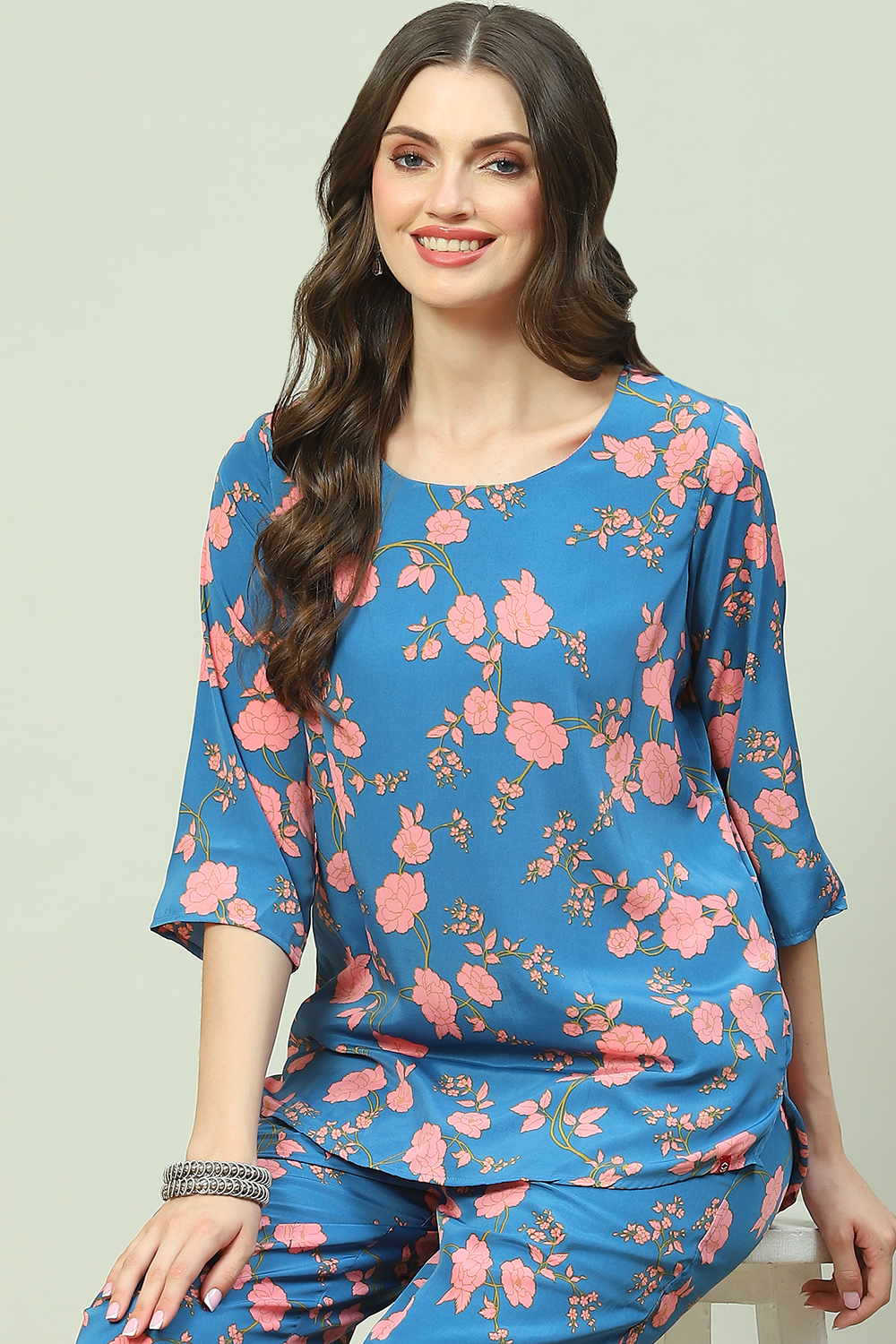 Blue Printed Straight Kurta Palazzo Suit Set image number 2