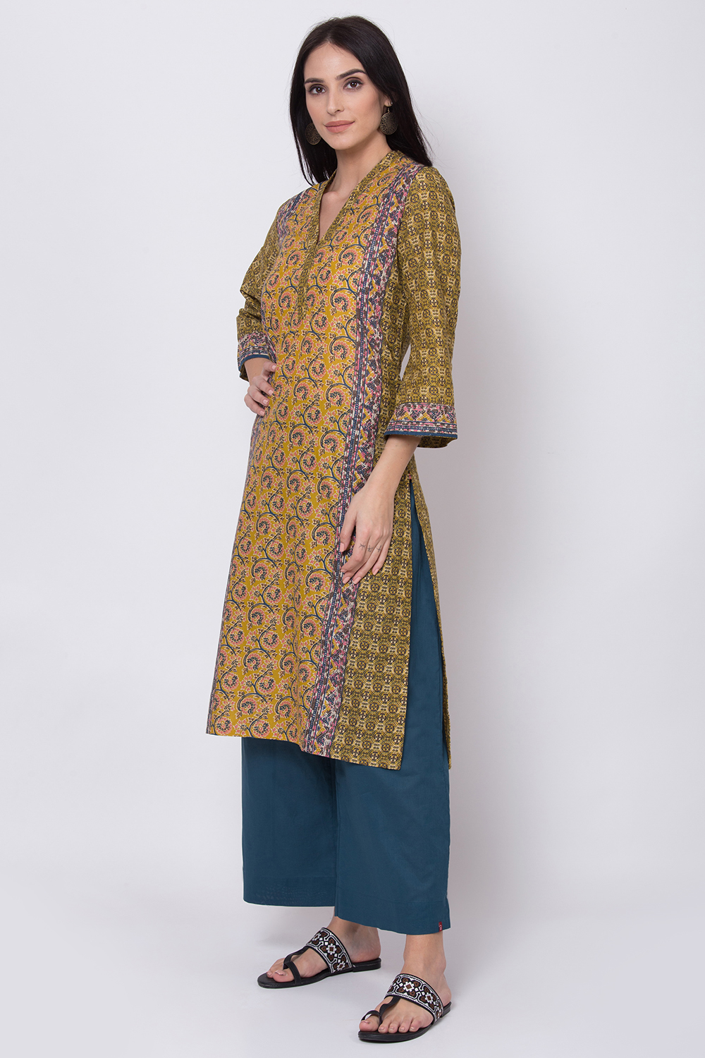 Mustard Cotton Straight Printed Kurta image number 2