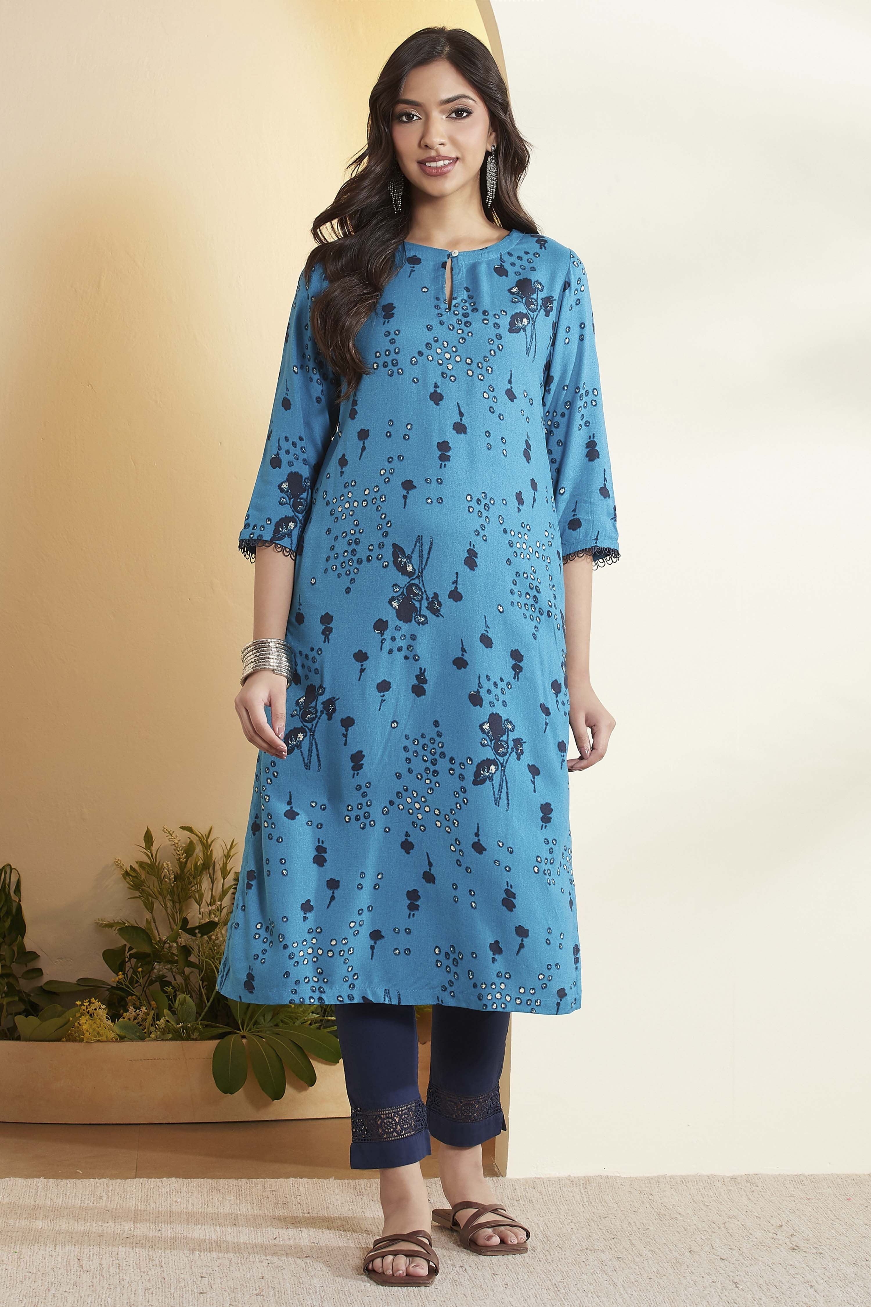 Blue Floral Printed Straight  Kurta image number 0