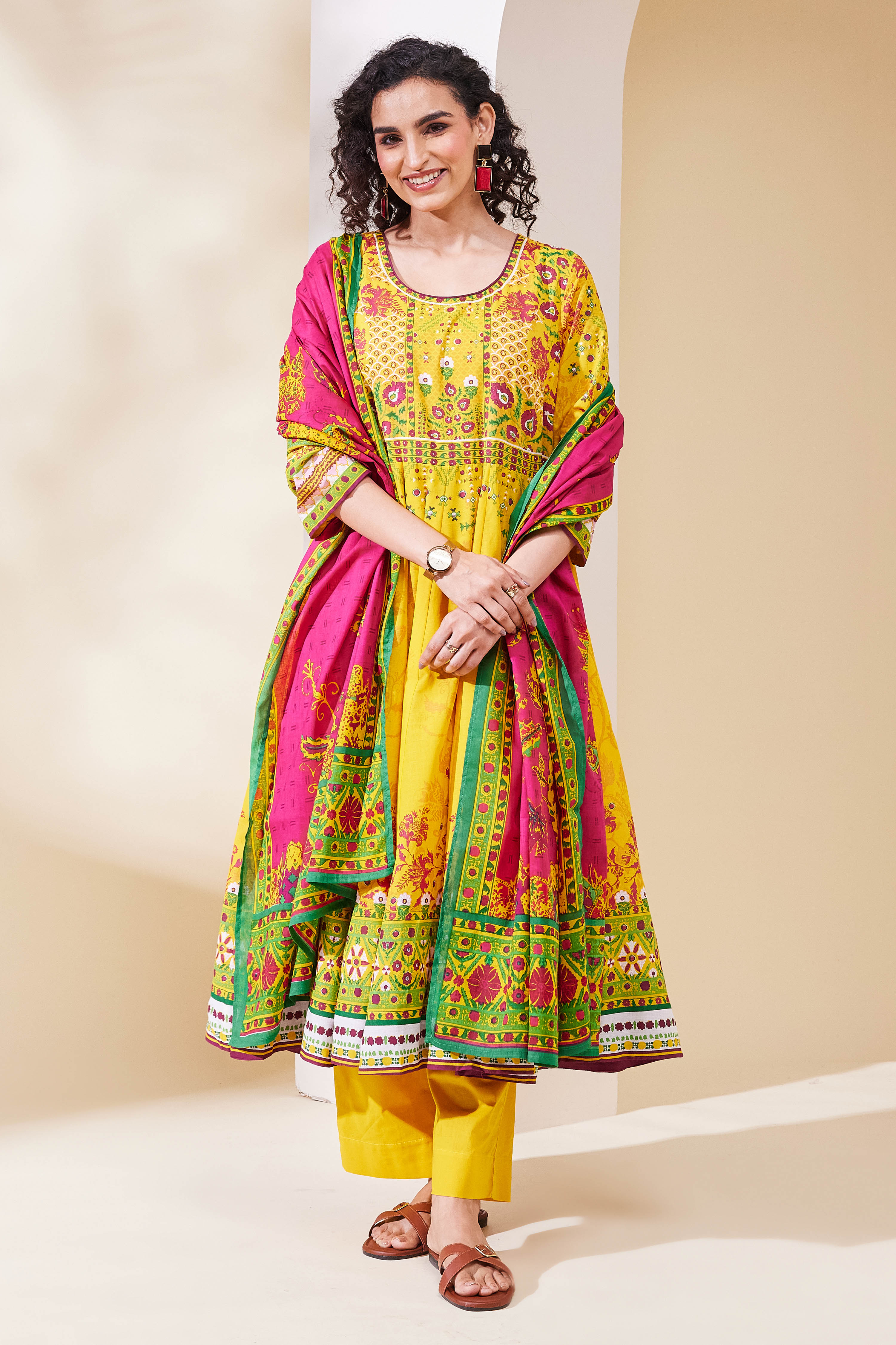 Yellow Cotton Anarkali Suit Set image number 6