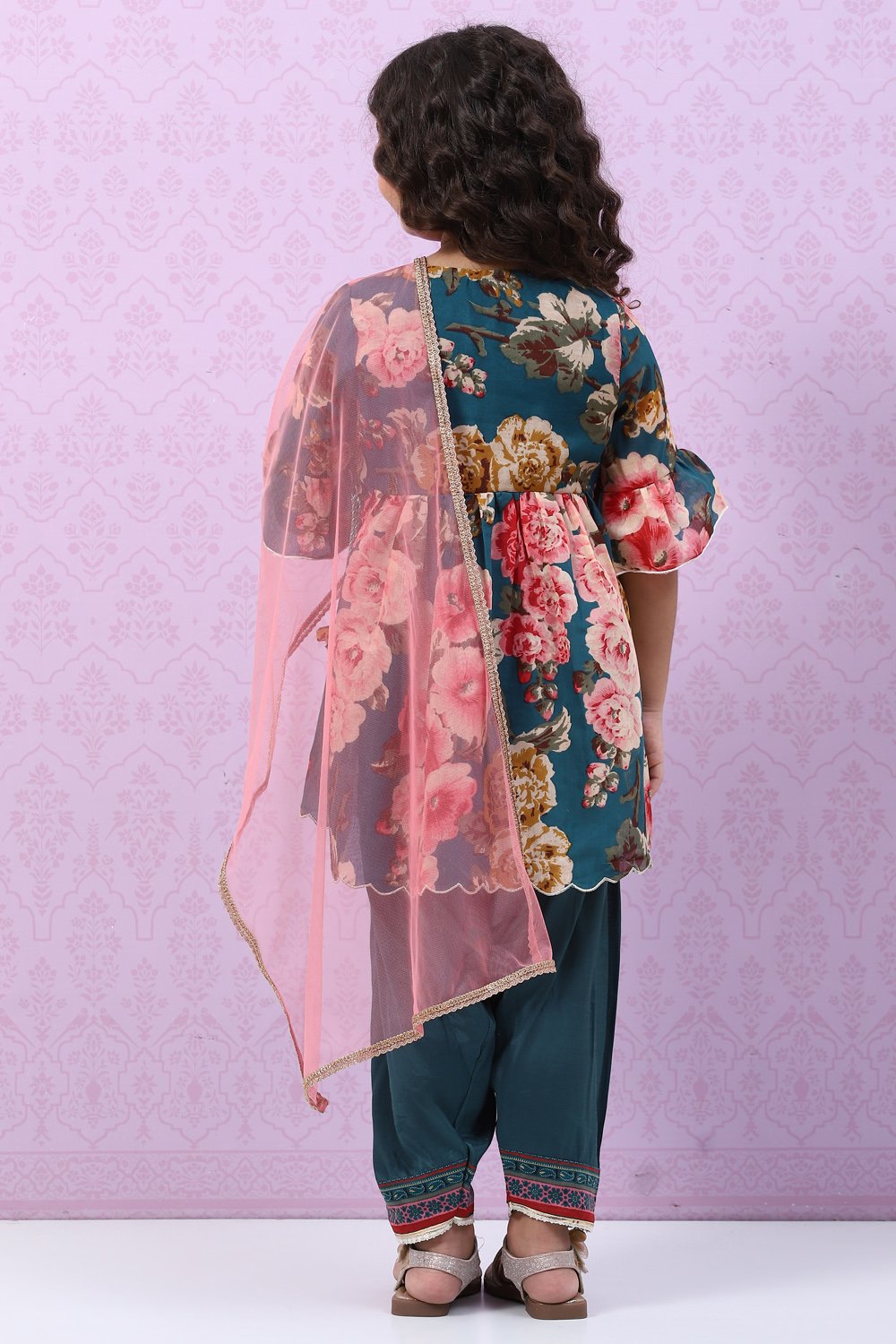 Teal Art Silk Flared Kurta Salwar Suit Set image number 4