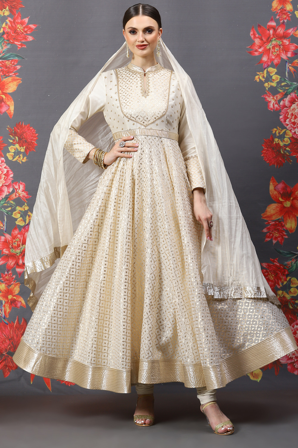 Rohit Bal Cream Cotton Silk Anarkali Yarndyed Suit Set image number 0