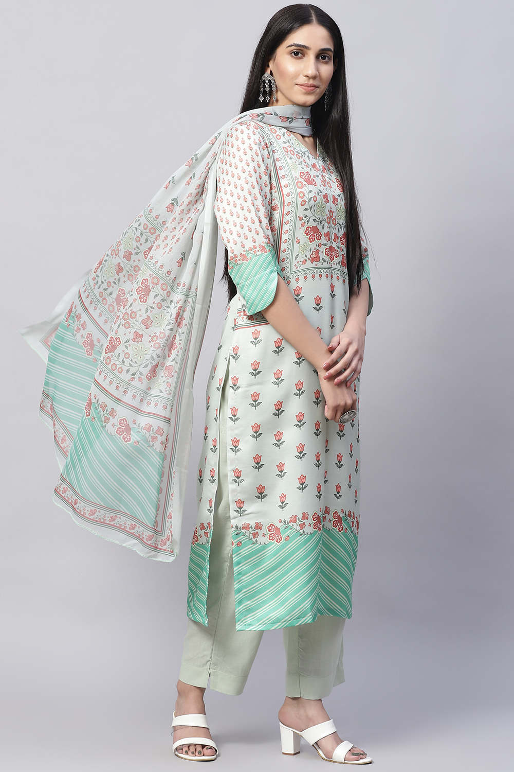 Pastel Green Cotton Blend Digital Print Unstitched Suit Set image number 6