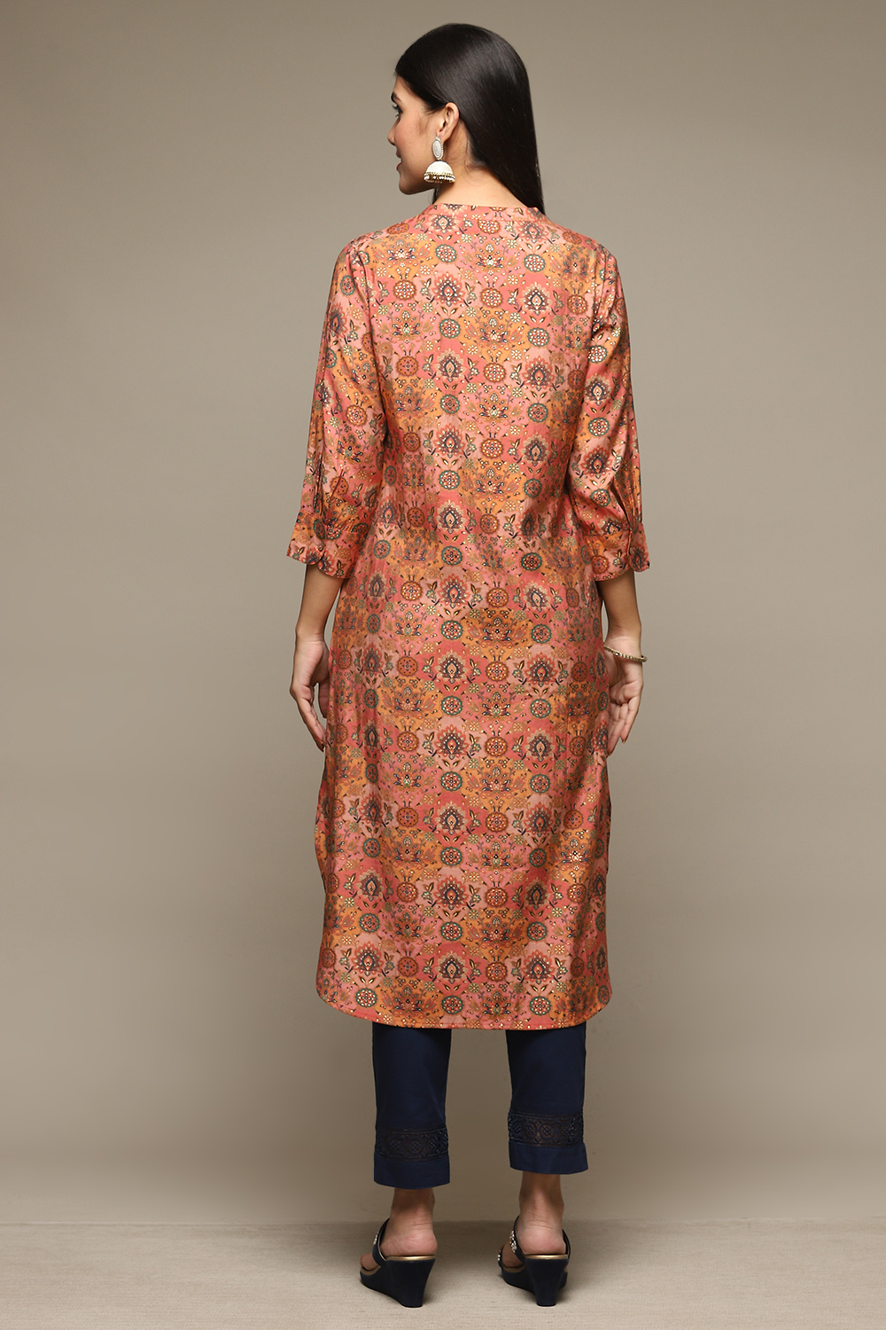 Peach Viscose Blend Straight Printed Kurta image number 3