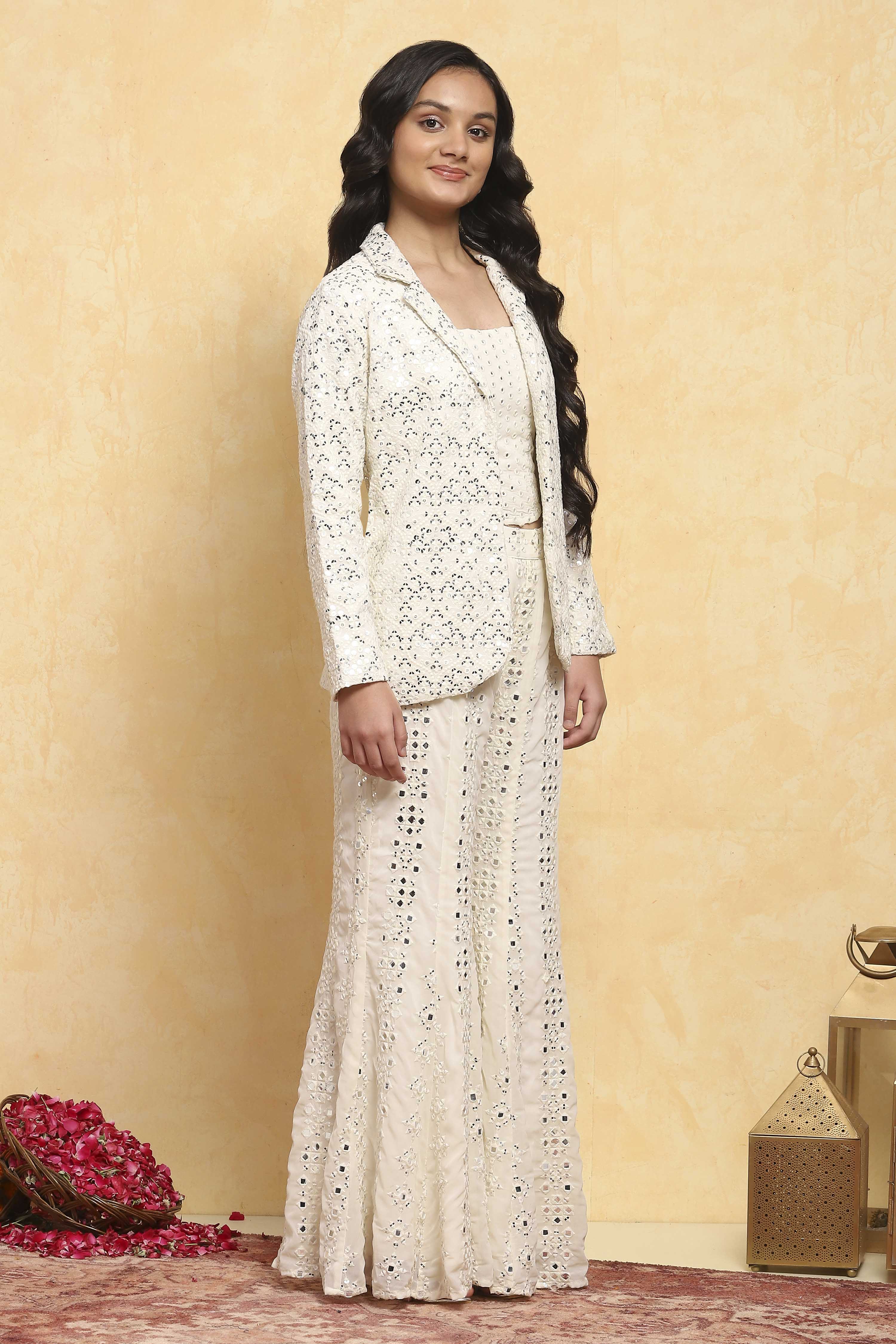 White Poly Georgette Embroidered Straight 3 Piece Set image number 5