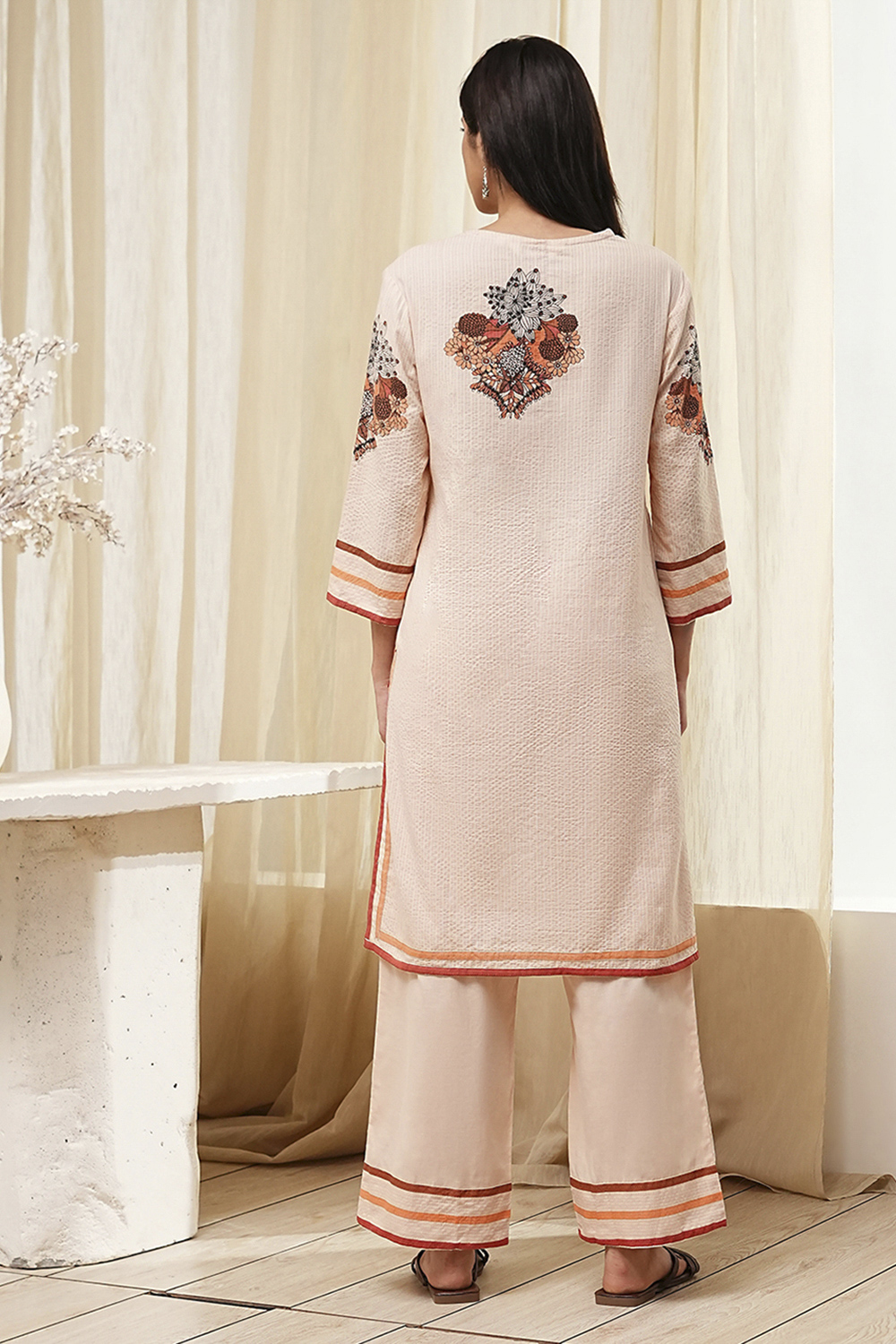 Peach-Toned Cotton Straight Suit Set image number 4