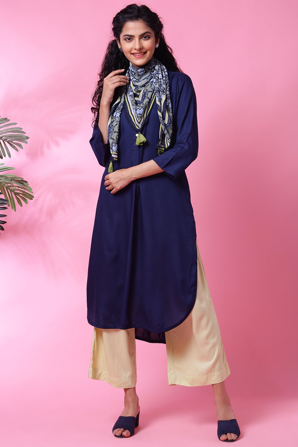 Navy Rayon Straight Kurta Palazzo Suit Set image number 0