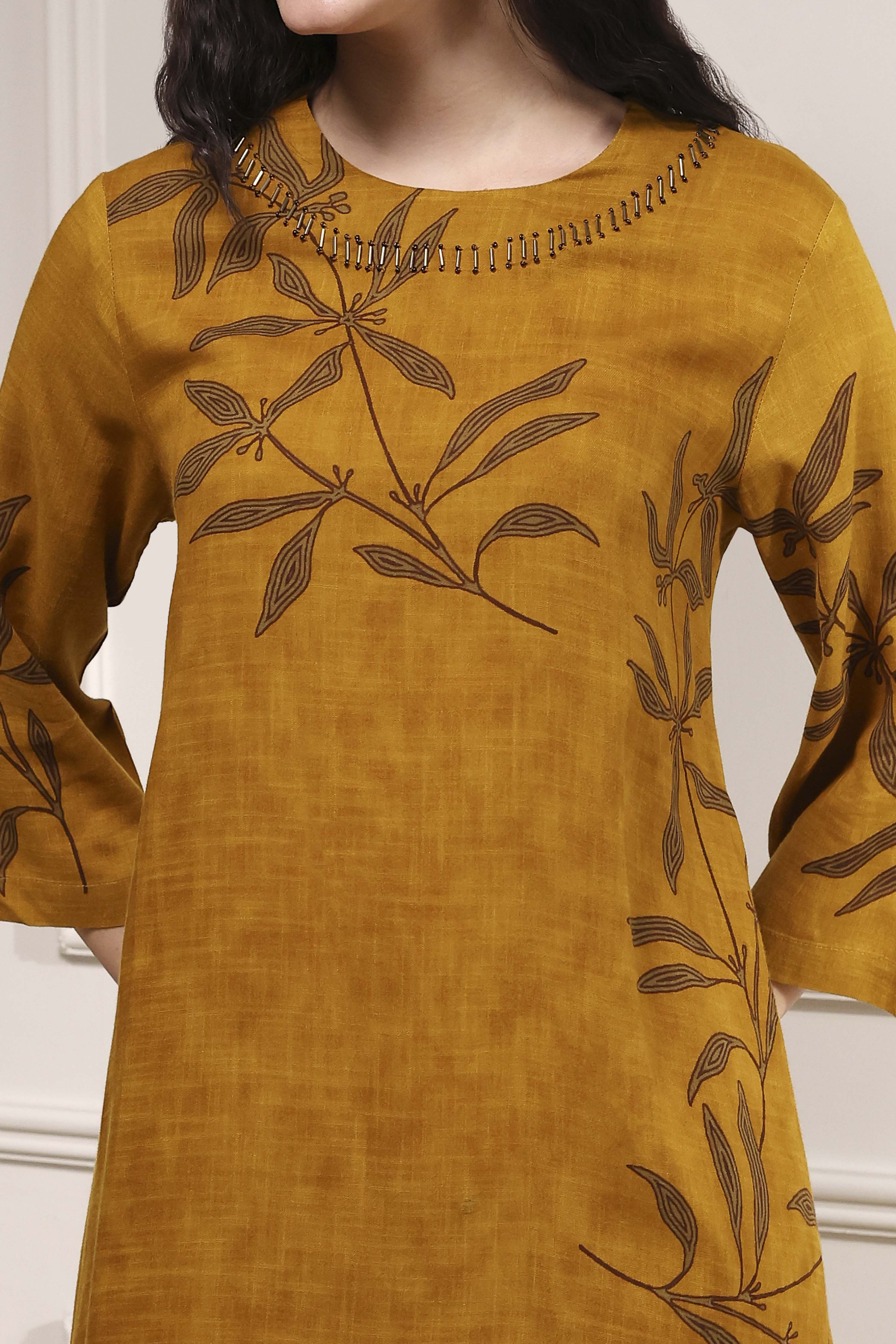 Mustard Yellow Viscose Rayon Straight Printed Kurta Pants Set image number 1