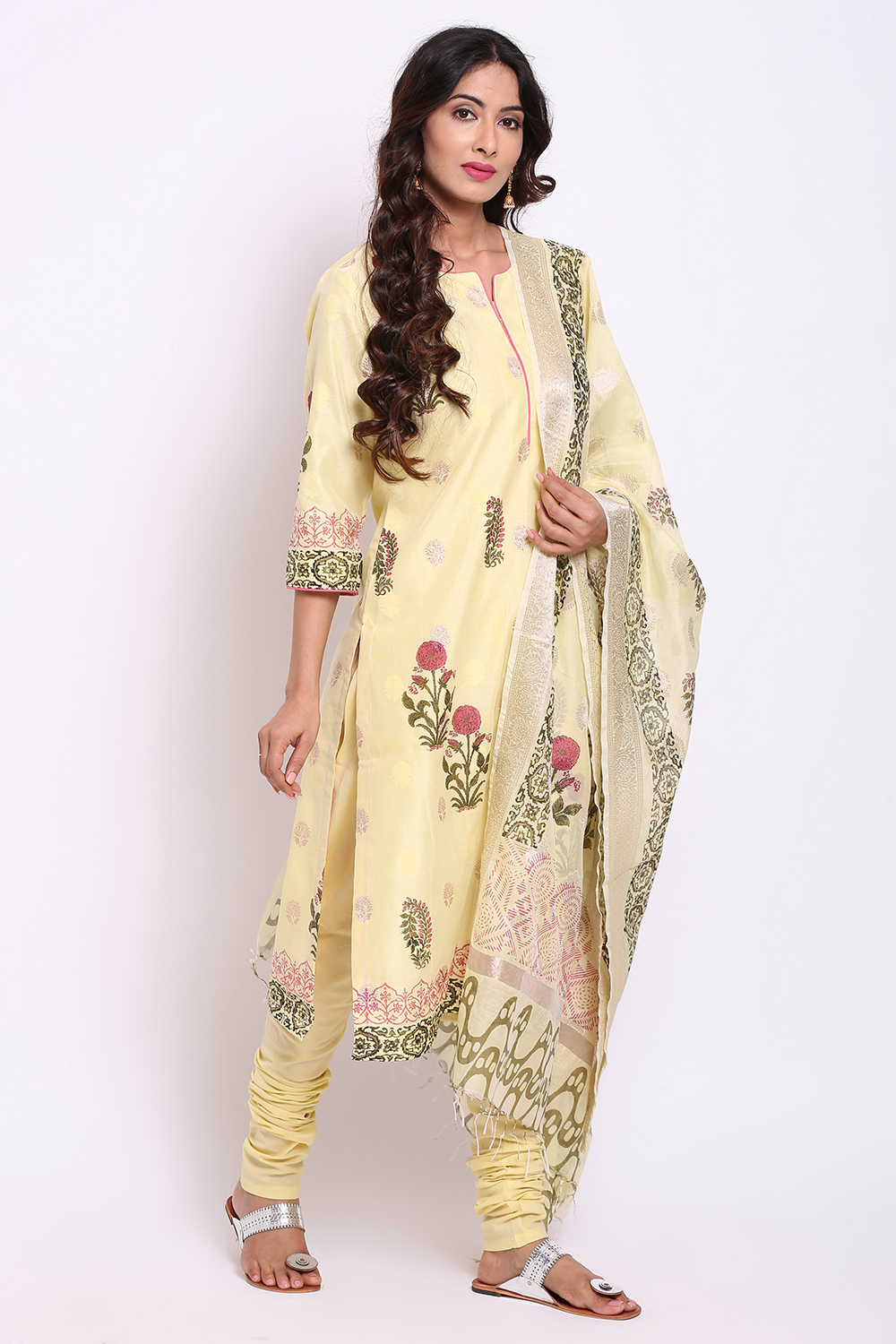 Pale Yellow Poly Metallic Cotton Straight Kurta Churidar Suit Set image number 4