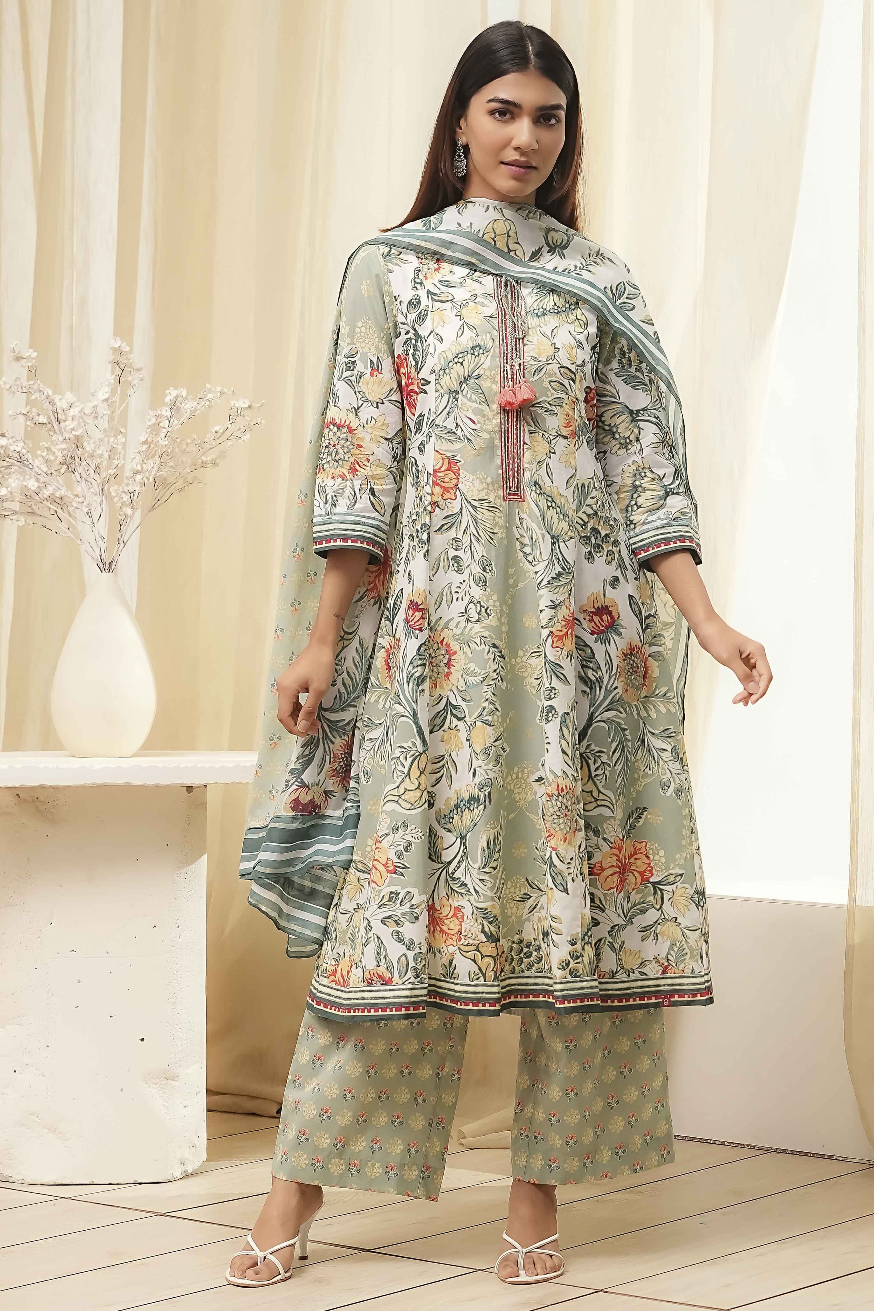 Sage Green Pure Cotton Floral Kalidar Suit Set image number 6