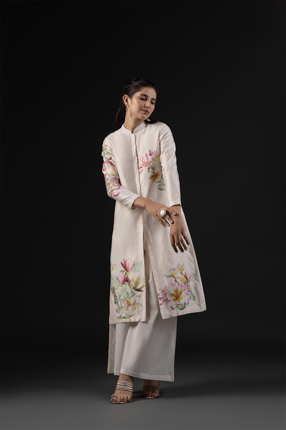 Ivory Cotton Silk Straight Printed Suit Set image number 0