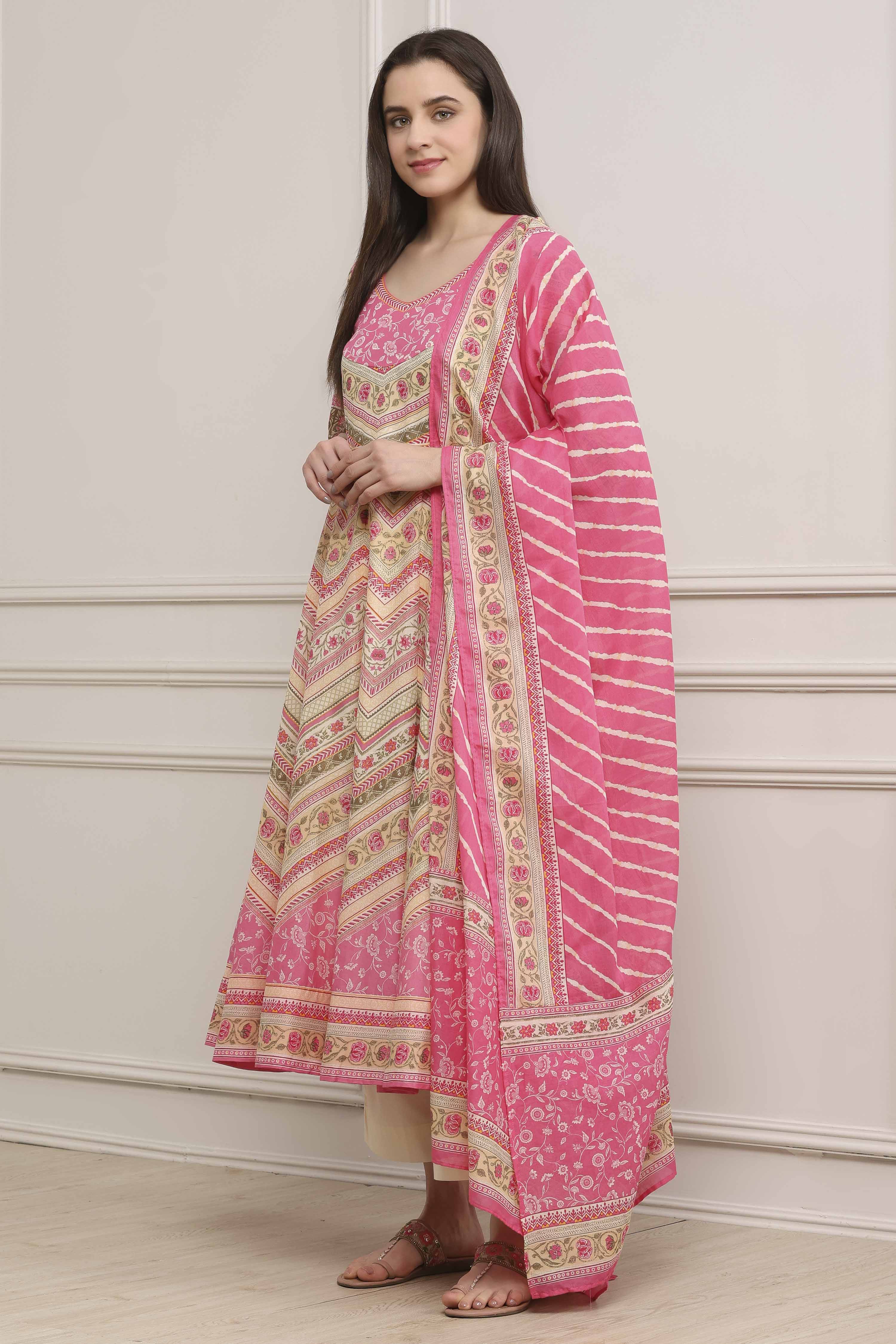 Pink Cotton Printed Anarkali Suit Set image number 3
