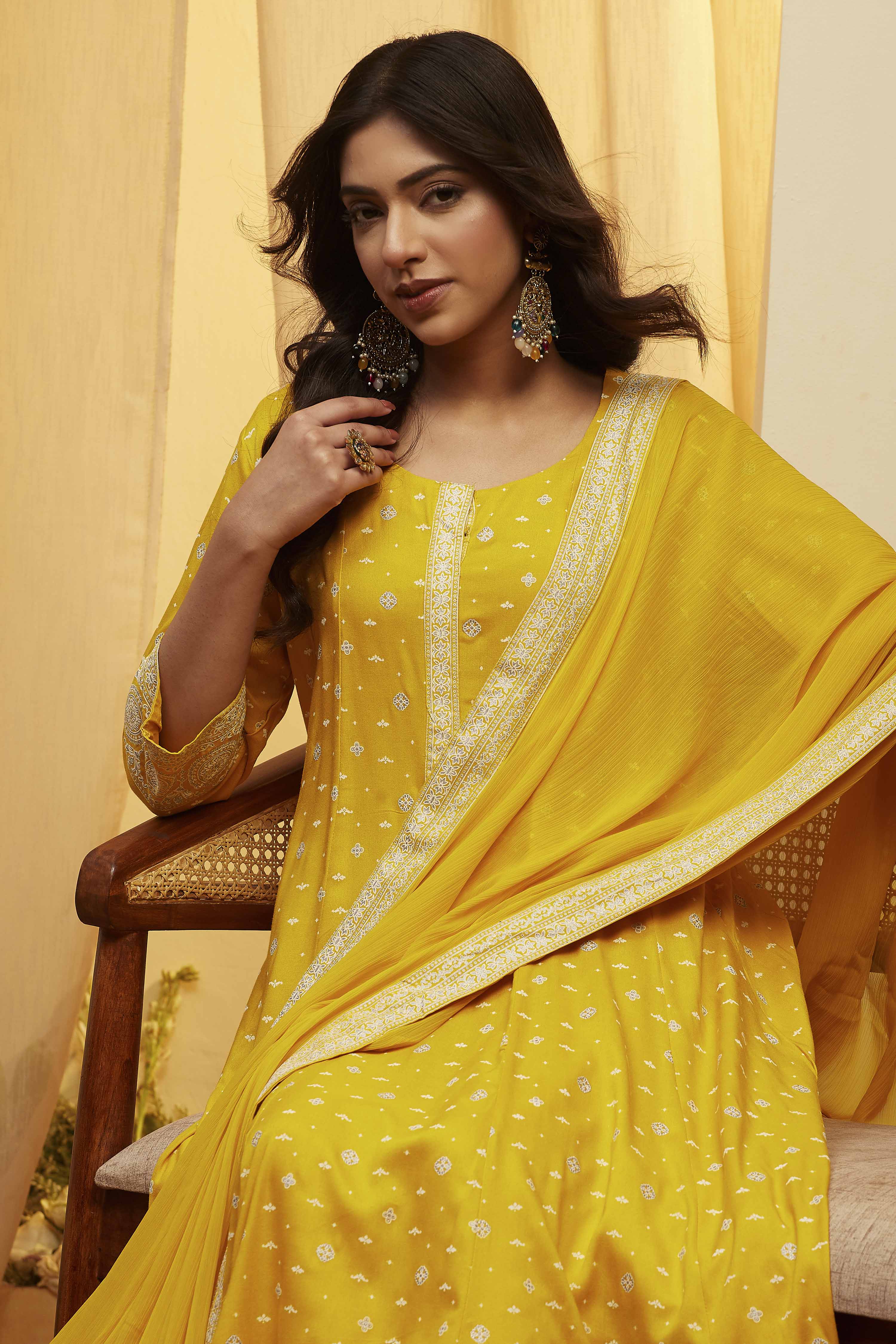 Yellow Viscose Rayon Kalidar Suit Set image number 1