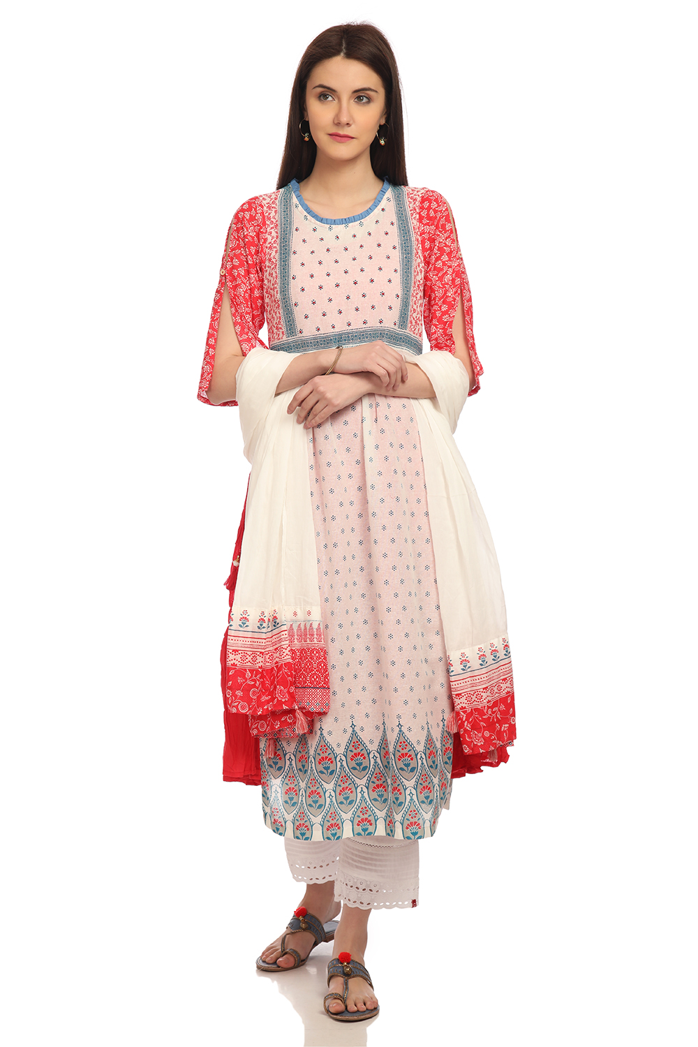 White Flared Cotton Printed Kurta image number 5